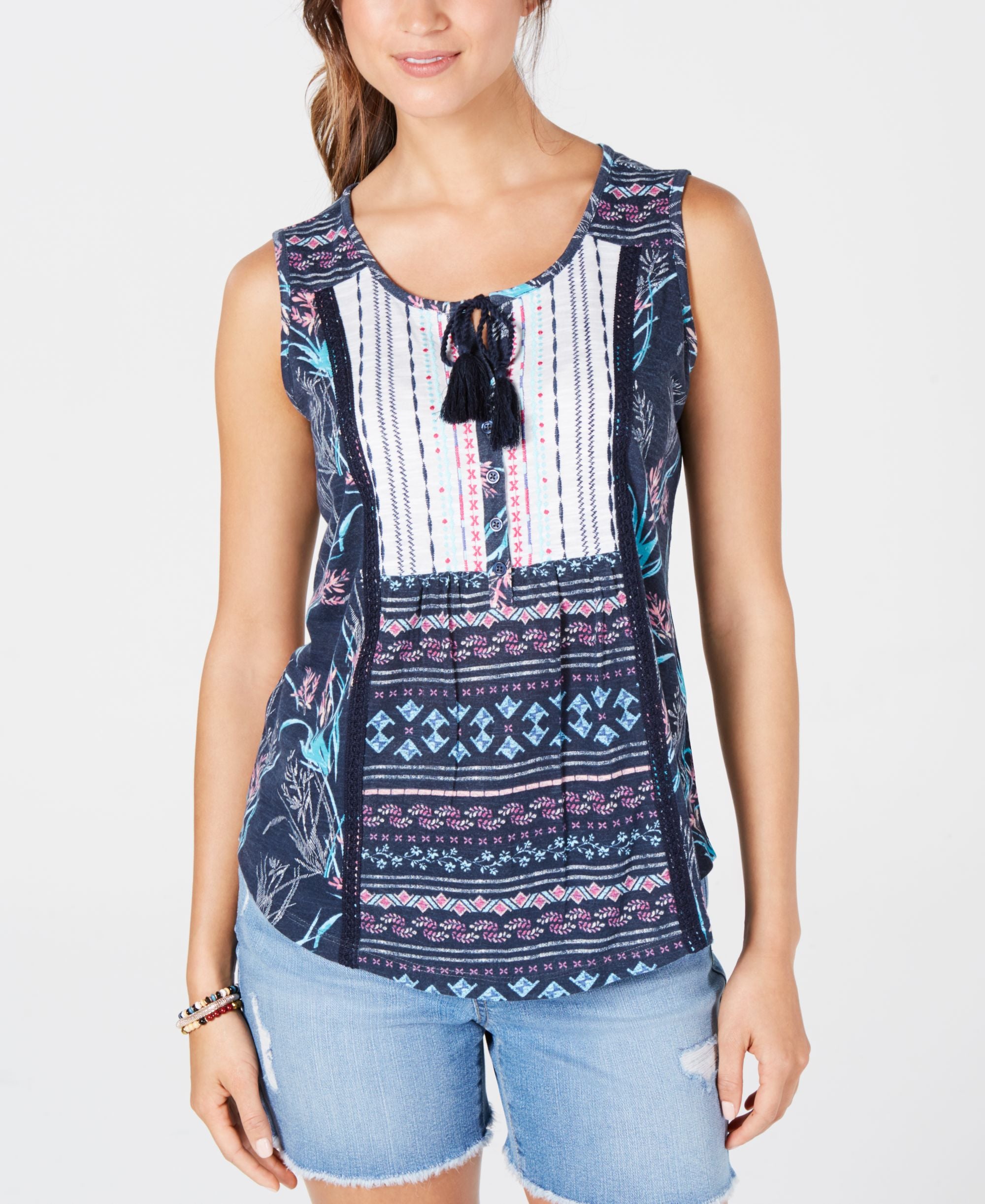 Petite Mixed-Print Tie-Front Premium Top