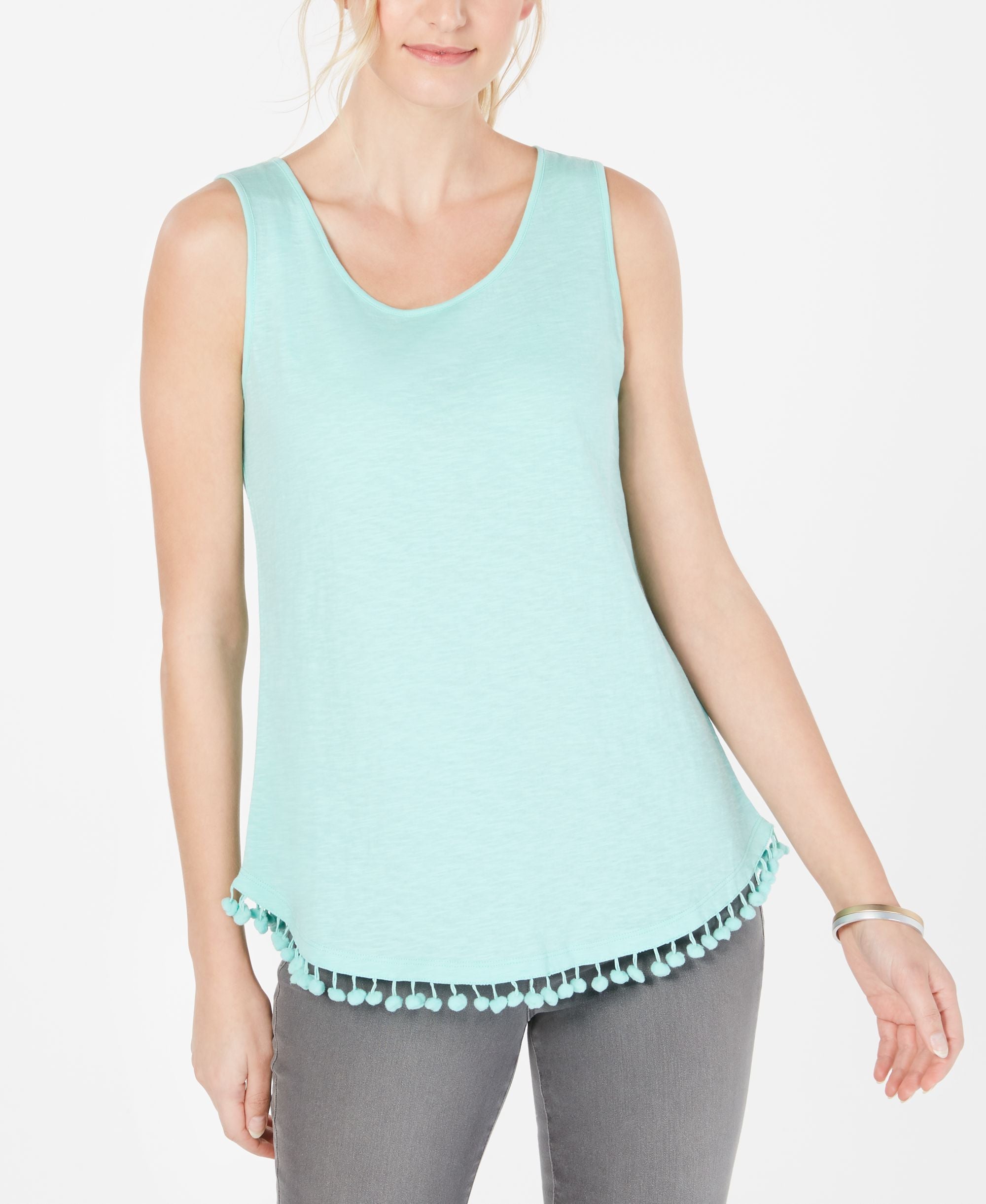 Cotton Pom Pom-Trim Tank Premium Top