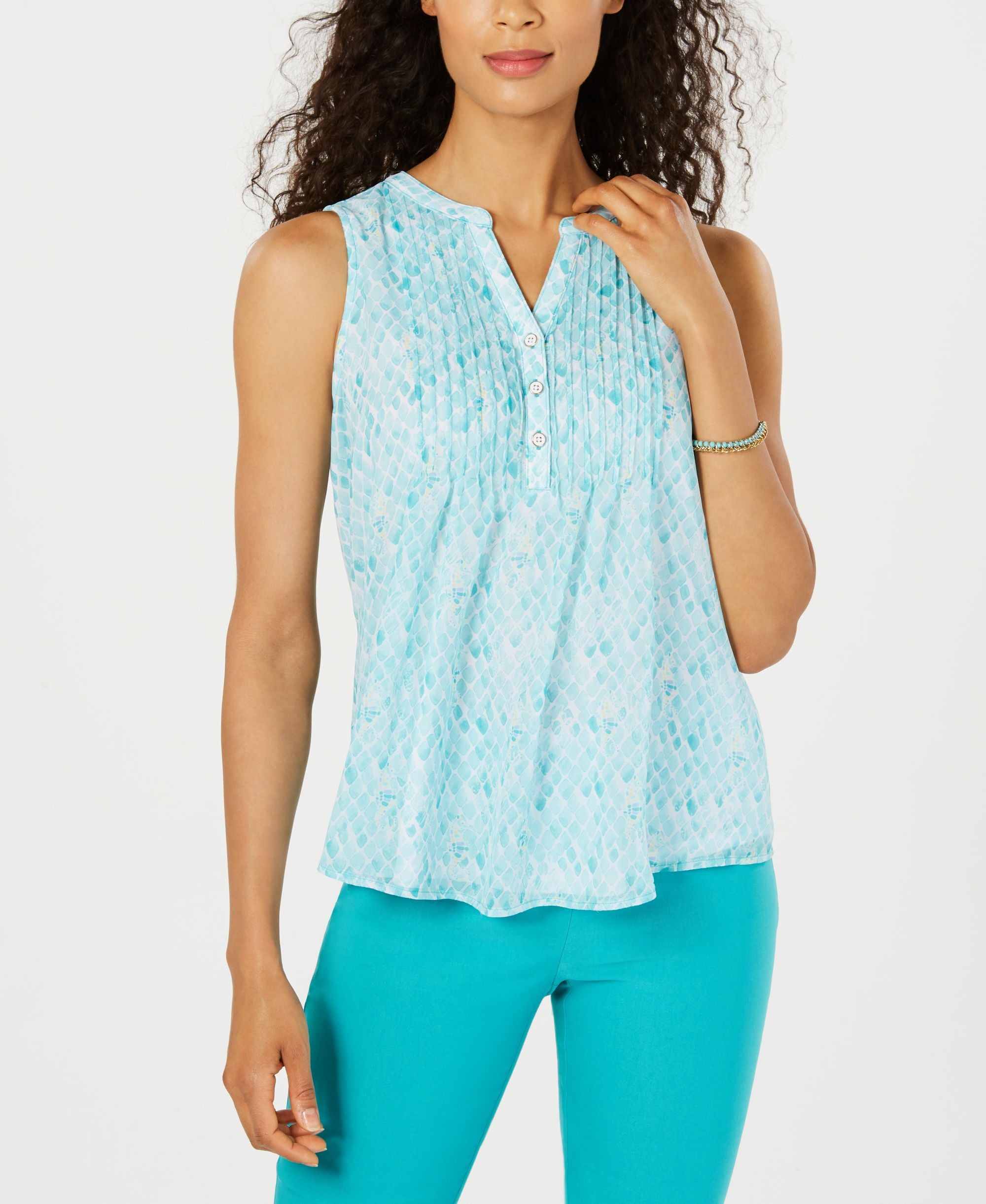 Charter Club Petite Seahorse Print Pintucked Premium Top