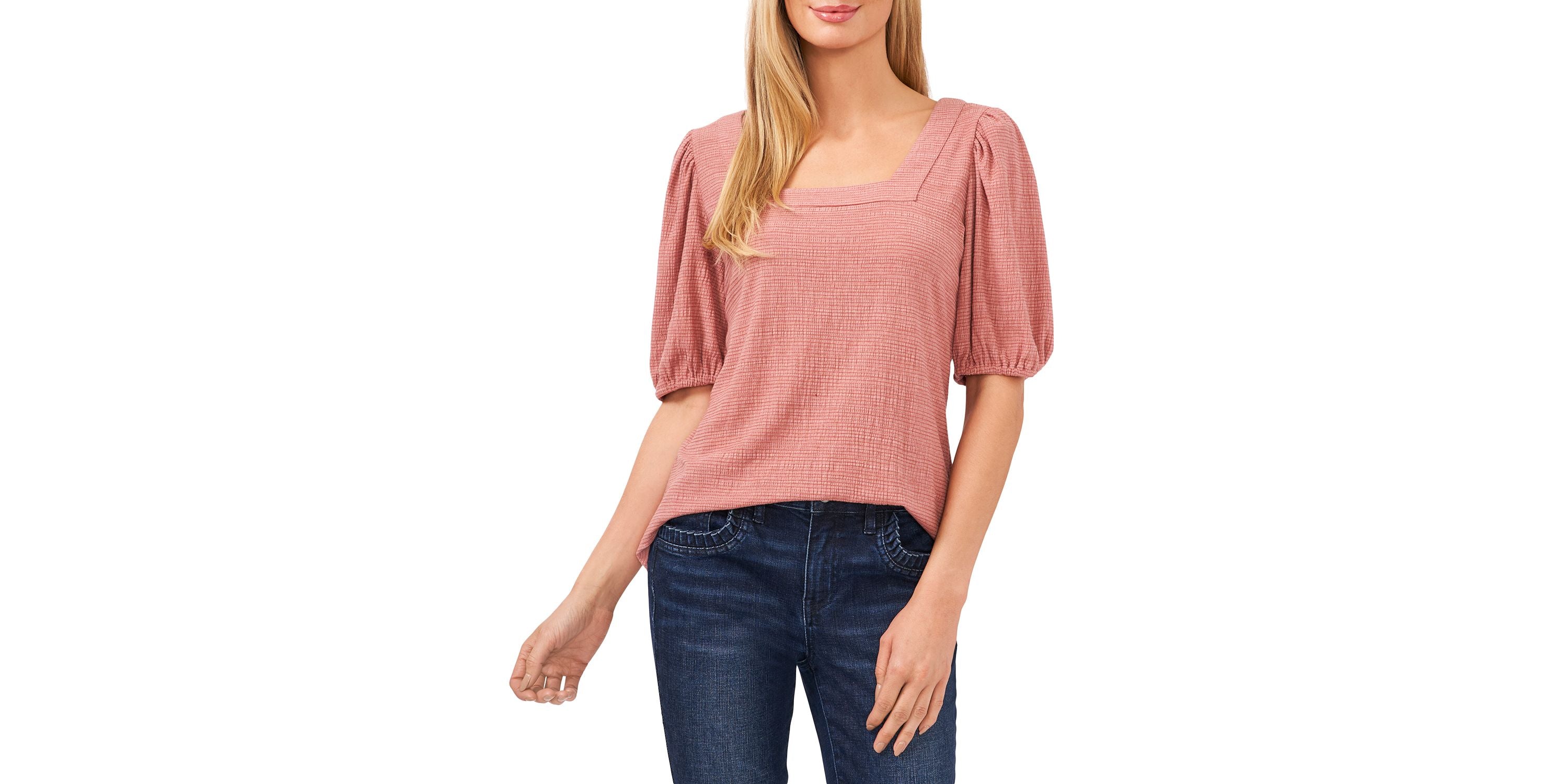 Women's Short Puff-Sleeve Square Neck Knit Premium Top