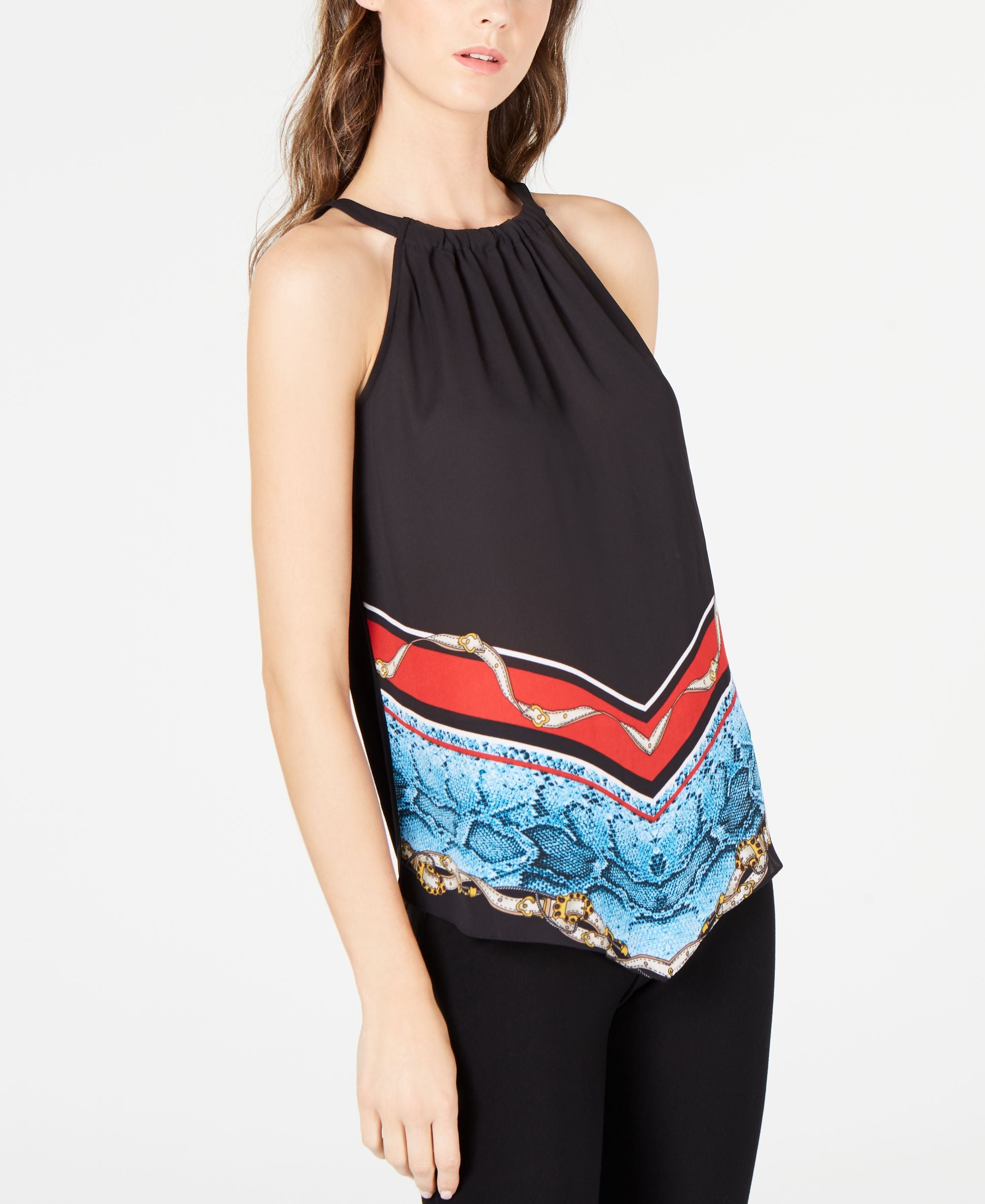 INC Printed Handkerchief-Hem Halter Premium Top
