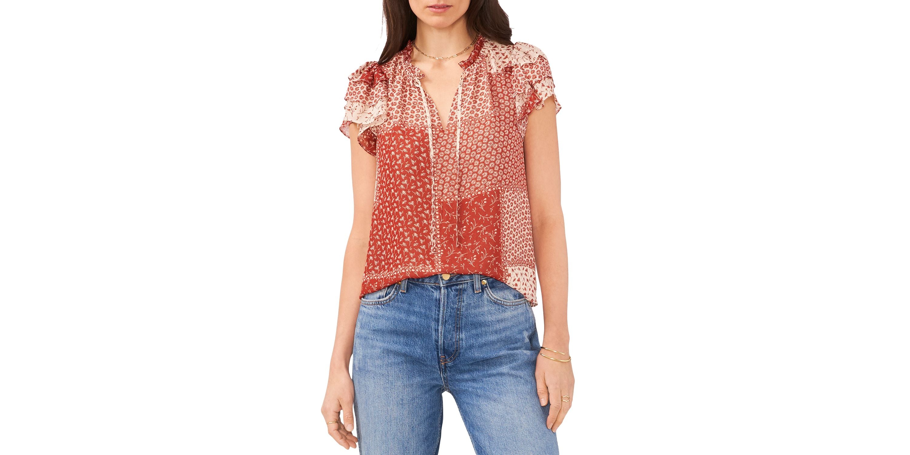 Women's Printed Tie-Neck Flutter-Sleeve Premium Top