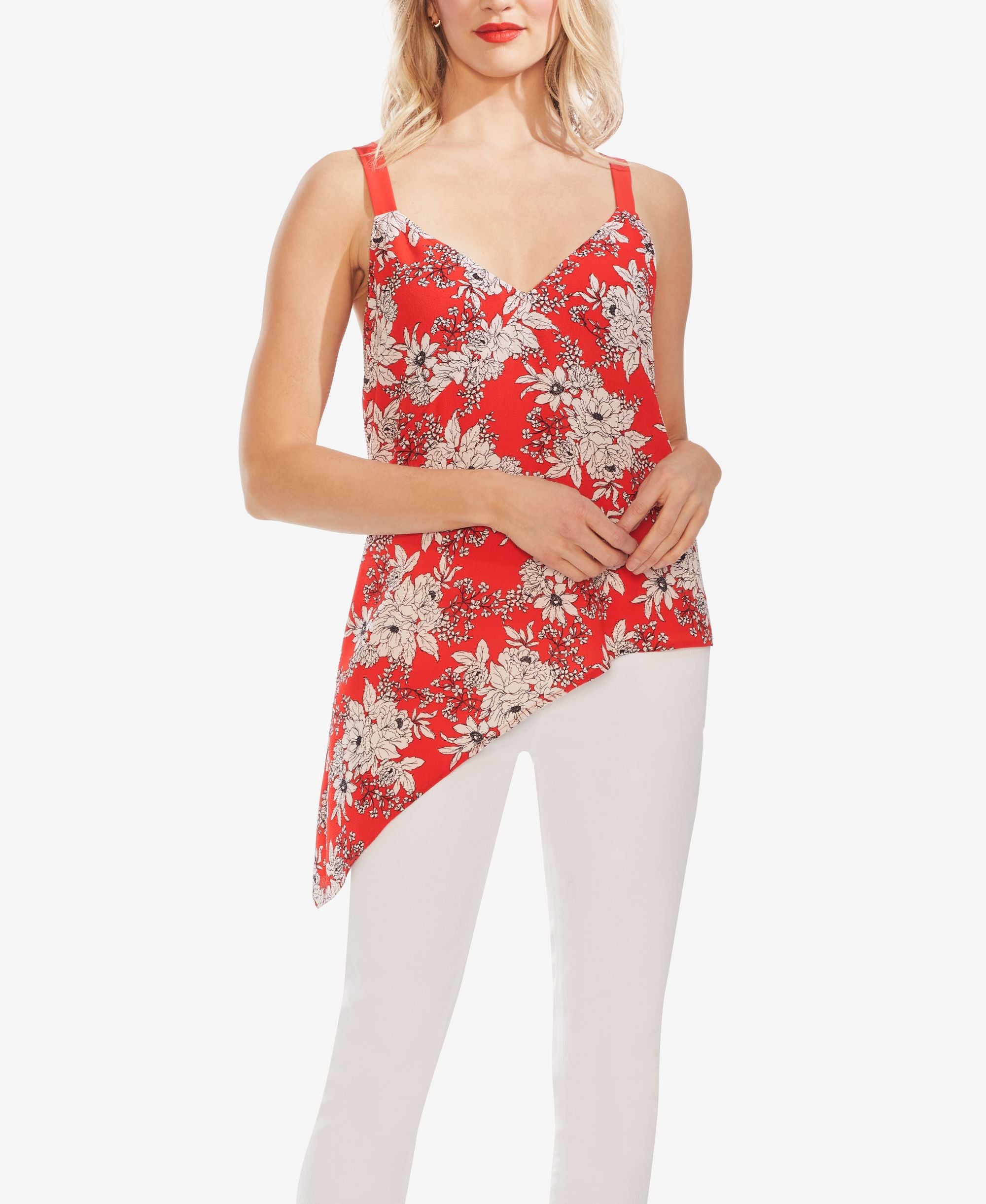 Vince Camuto Floral Print Asymmetrical Hem Premium Top