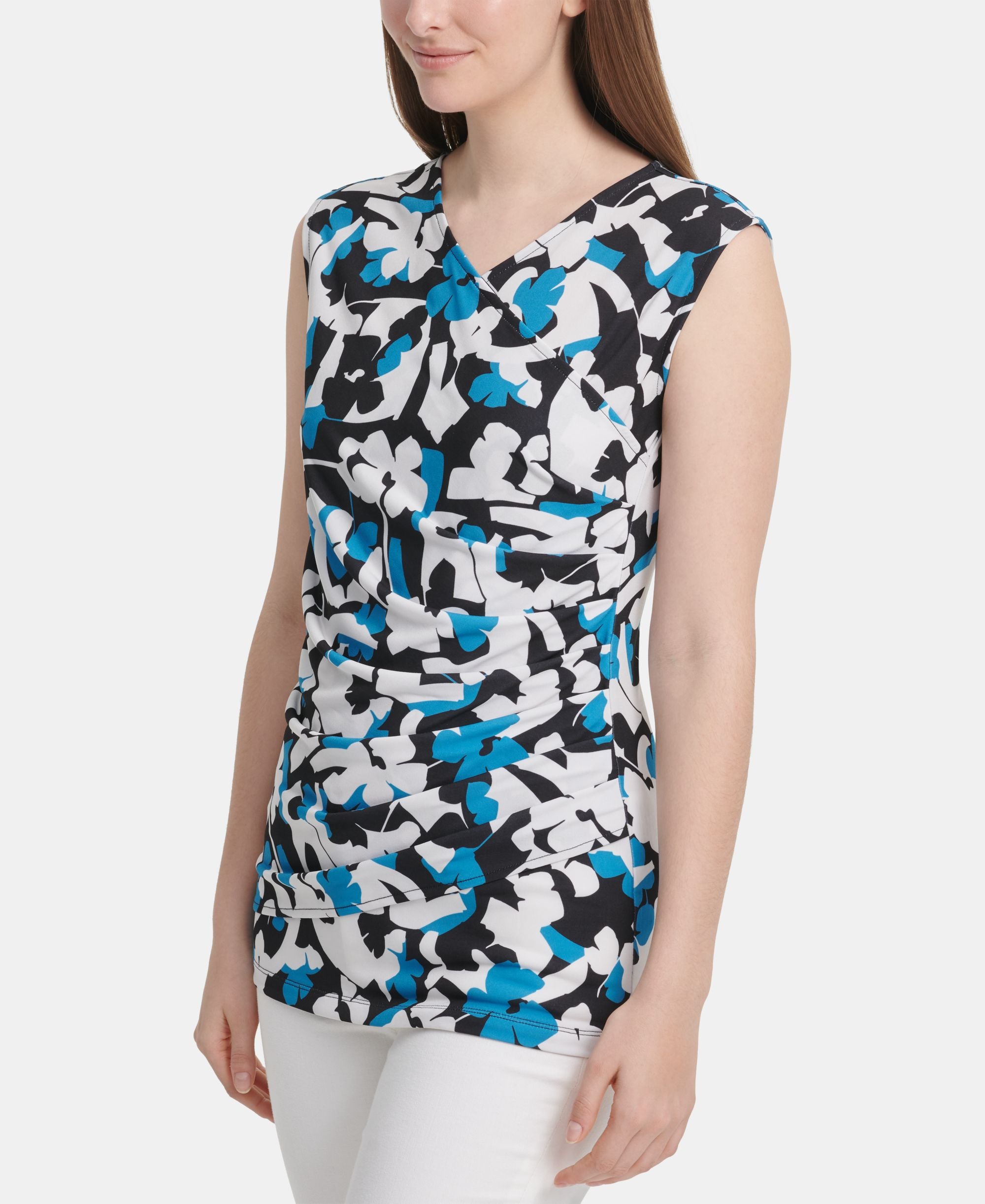 DKNY Sleeveless Printed Pleated Premium Top