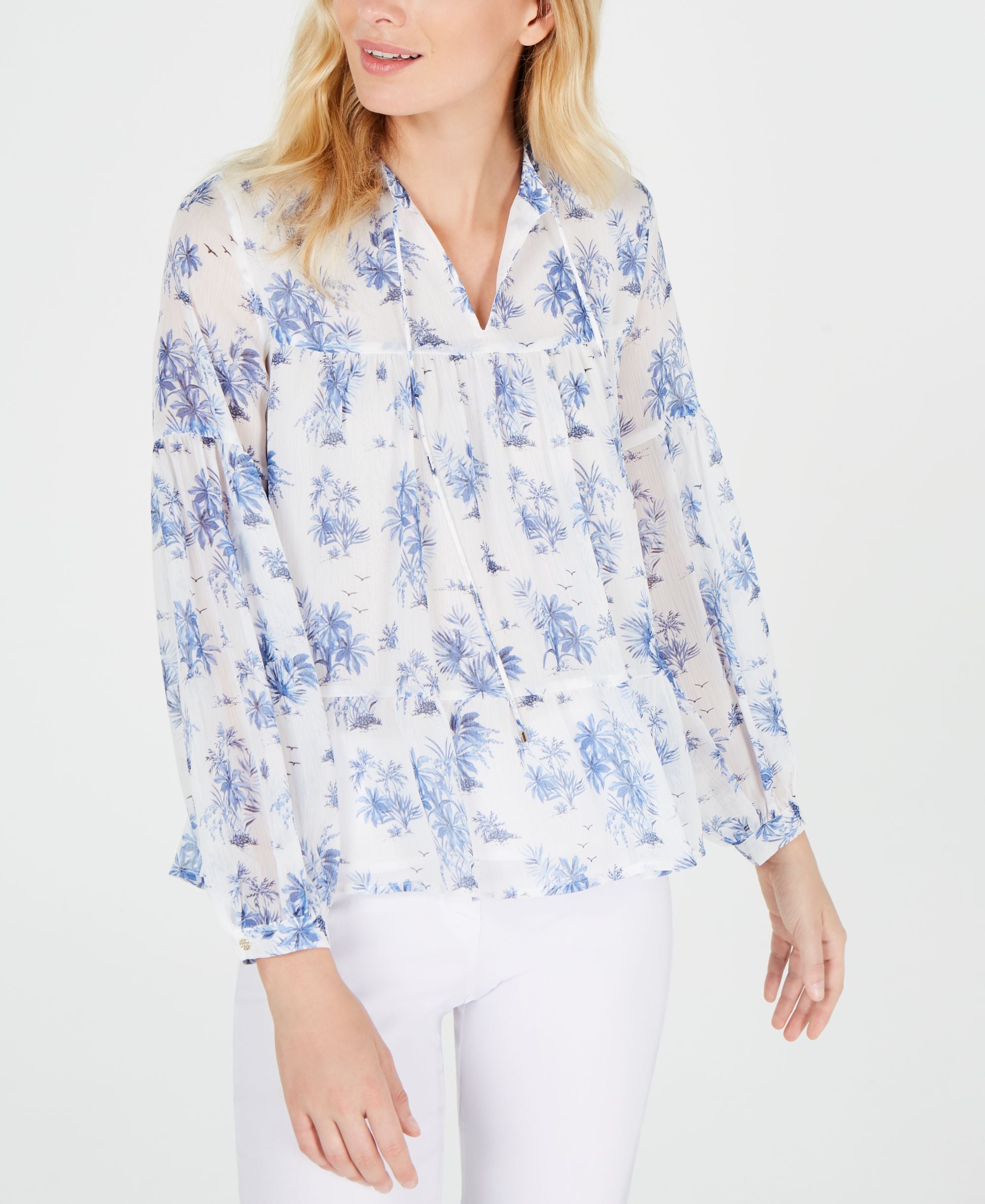 Tommy Hilfiger Floral Print Tiered Flounce Premium Top