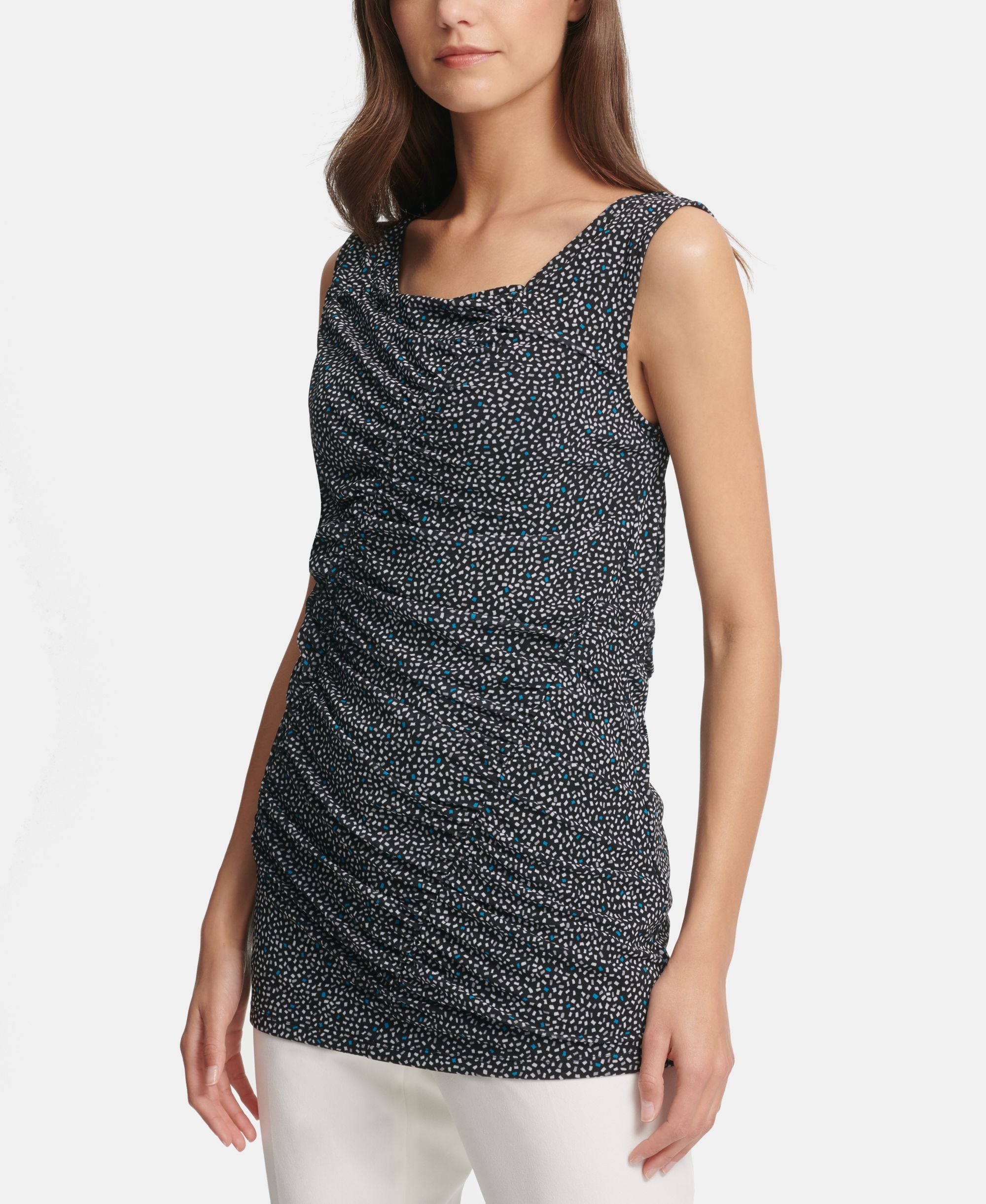 DKNY Sleeveless Printed Ruched Premium Top