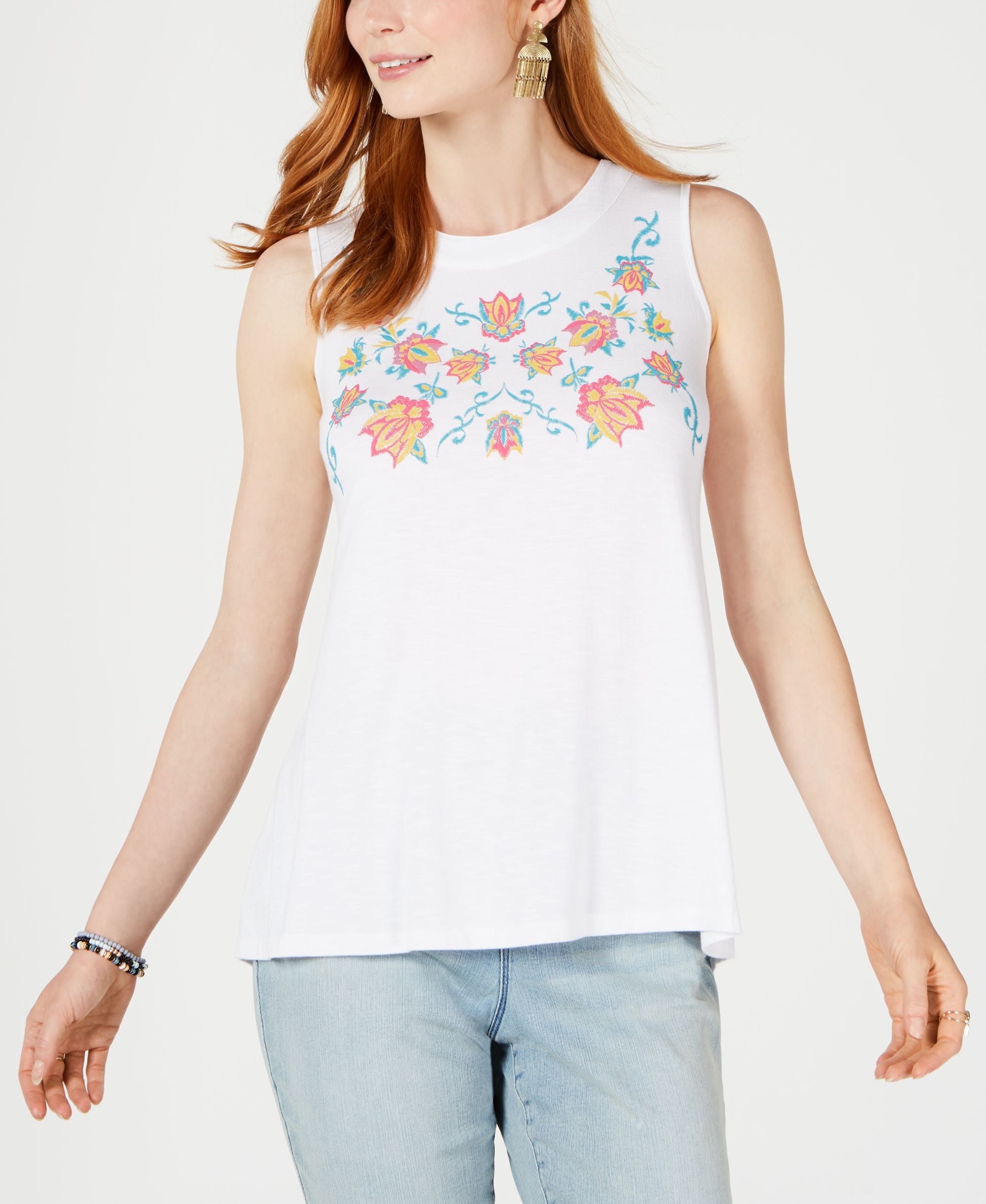 Style & Co Petite Sleeveless Embroidered Swing Premium Top