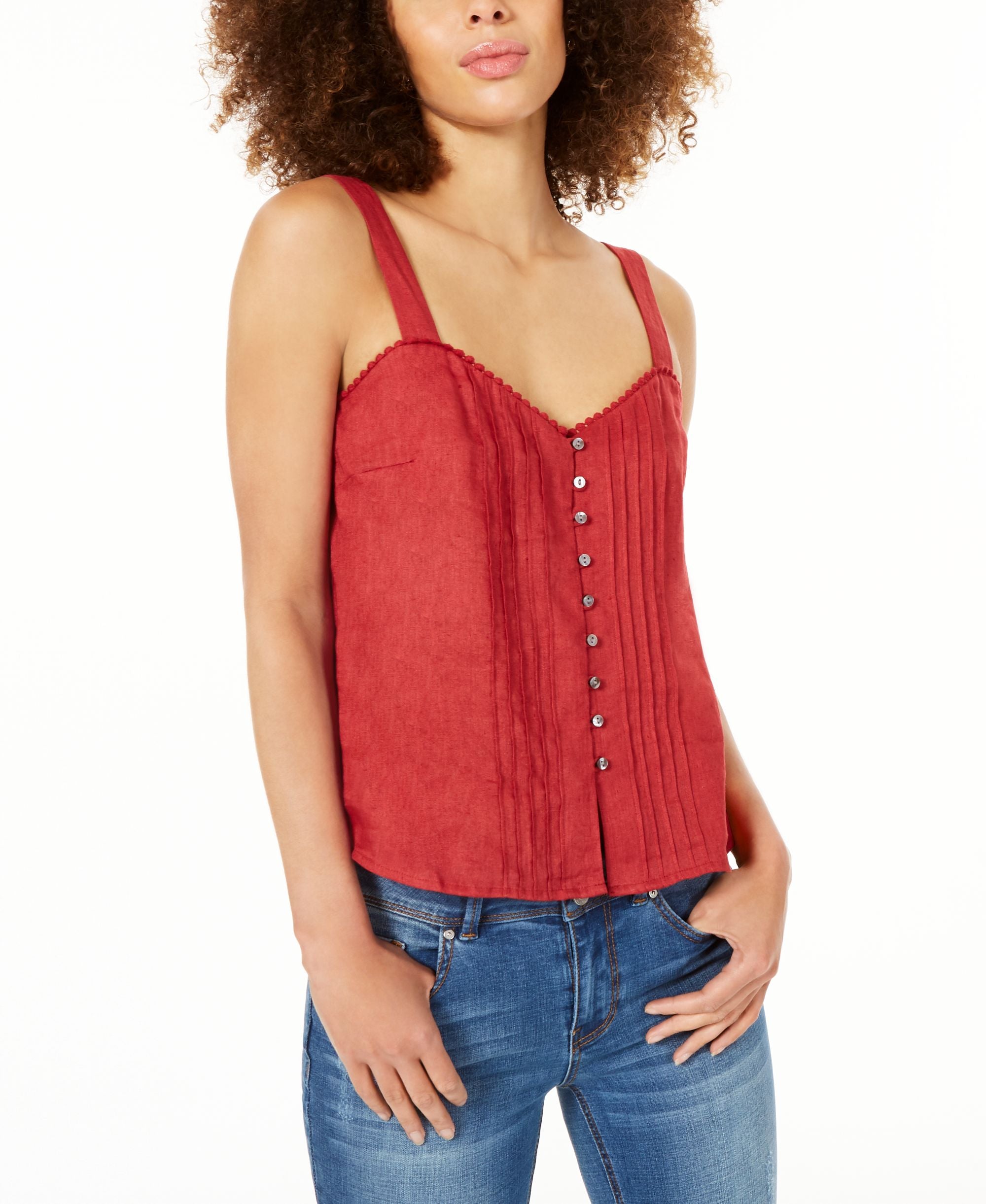 1.State Linen-Blend Pintucked Button Up Premium Top