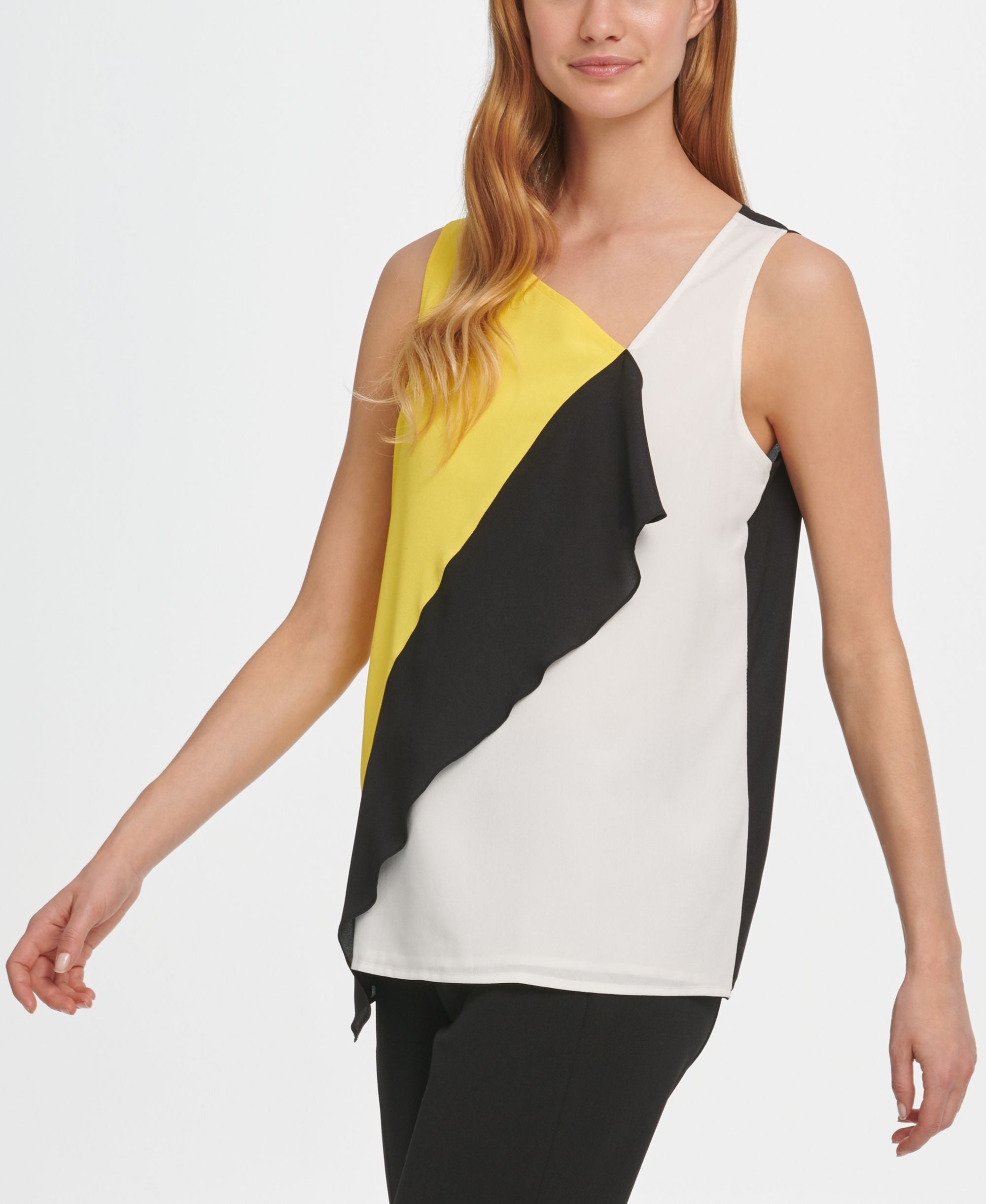 DKNY Colorblocked Asymmetrical Ruffle Front Premium Top