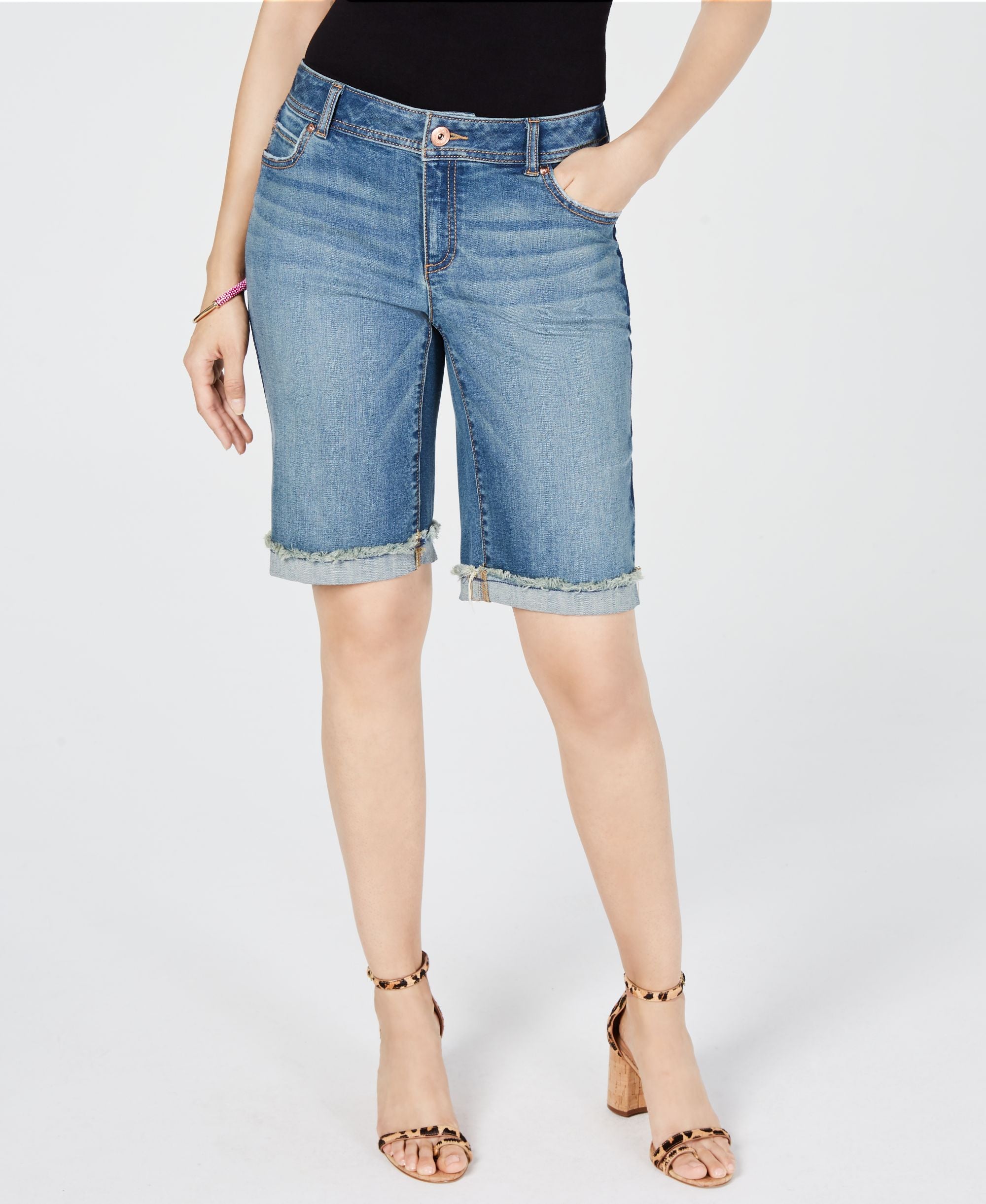 INC International Concepts Curvy Fit Contrast Trim Cuffed Denim Premium Shorts