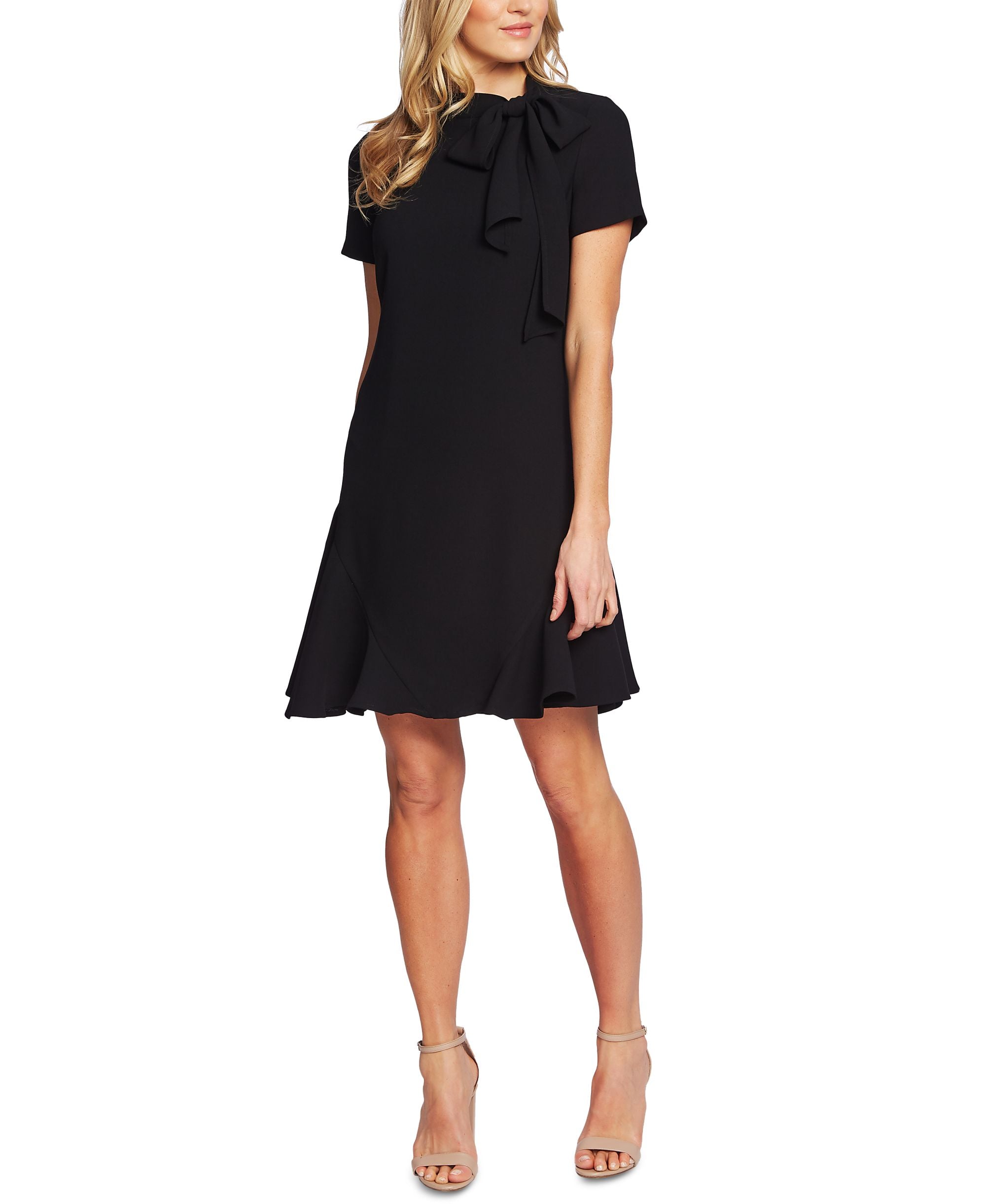 Women's Short-Sleeve A-Line Bow Tie Neck Dress