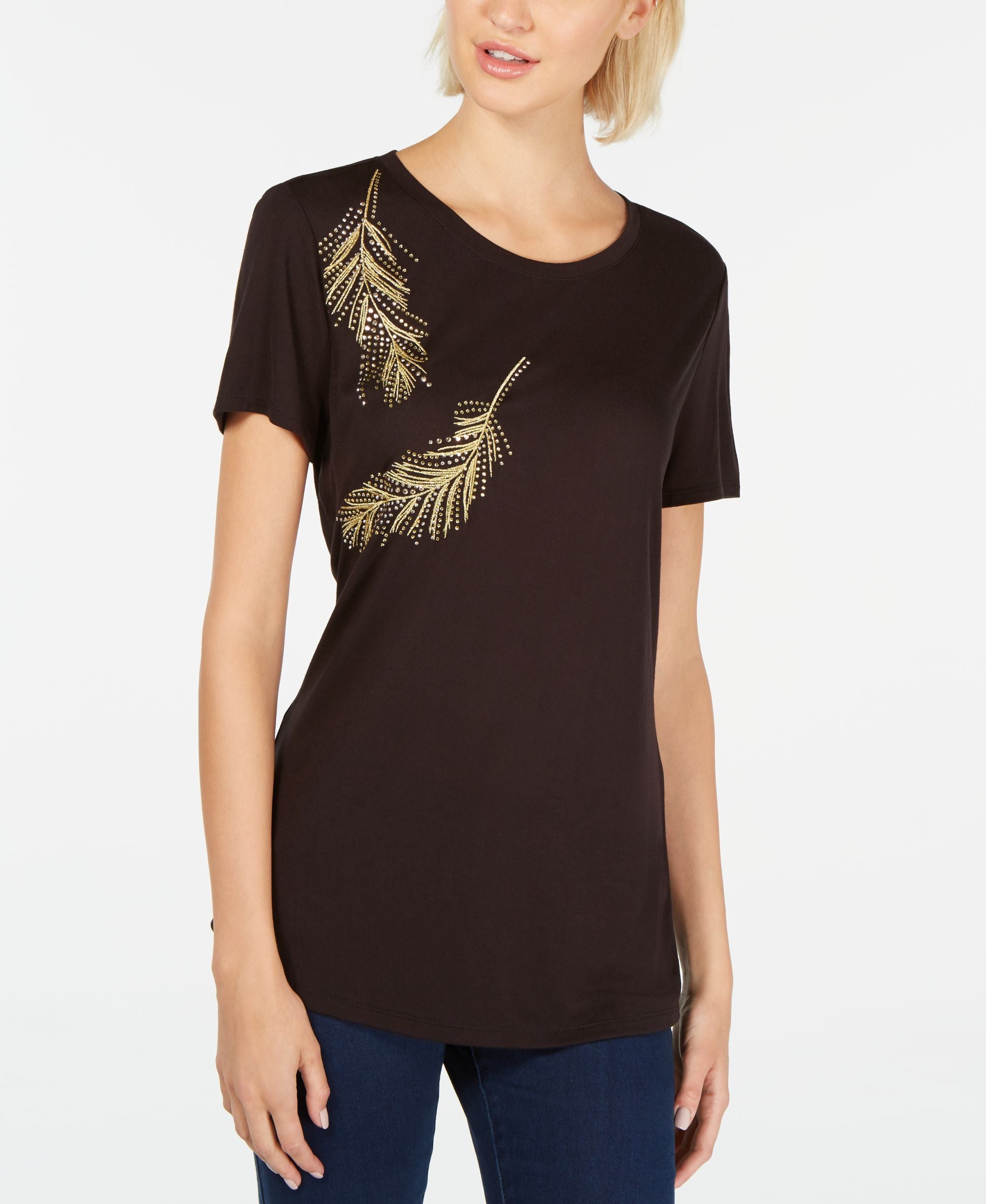 Linen-Blend Embellished Feathers T-Modern Shirt