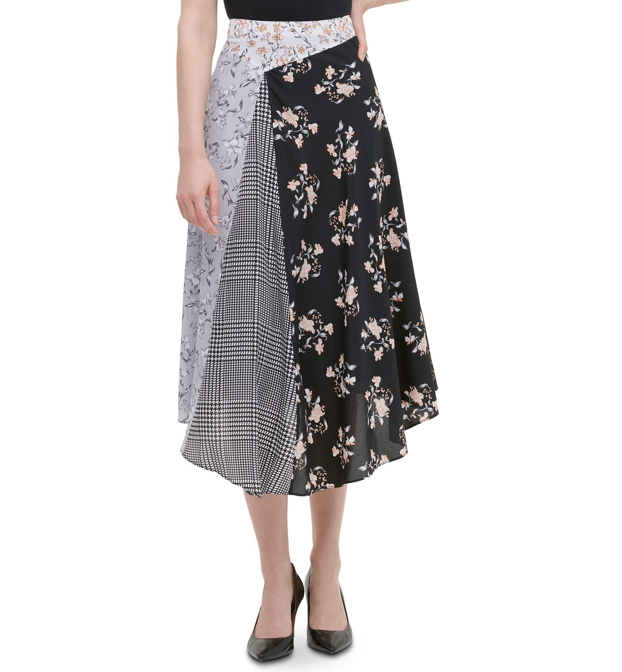 Pieced-Print Asymmetrical Midi Modern Skirt