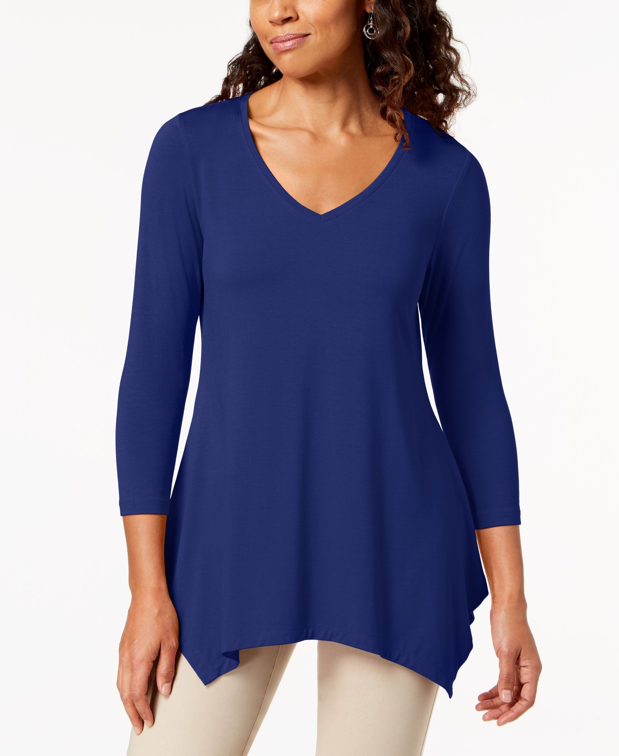 JM Collection V Neck Handkerchief Hem Premium Top