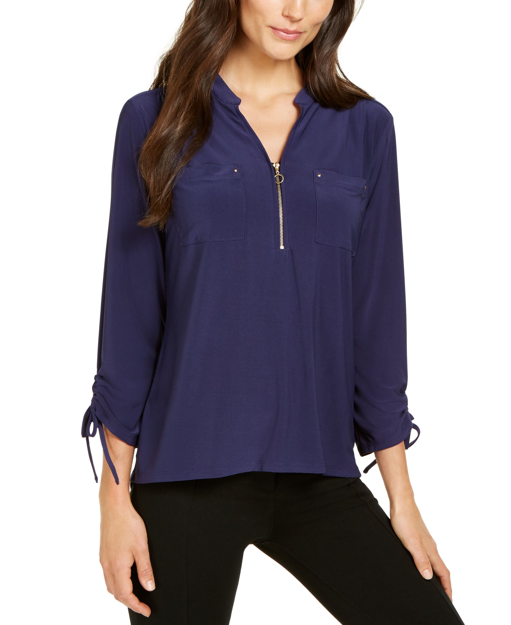 NY Collection Petite Zip Neck Tie Cuff Premium Top