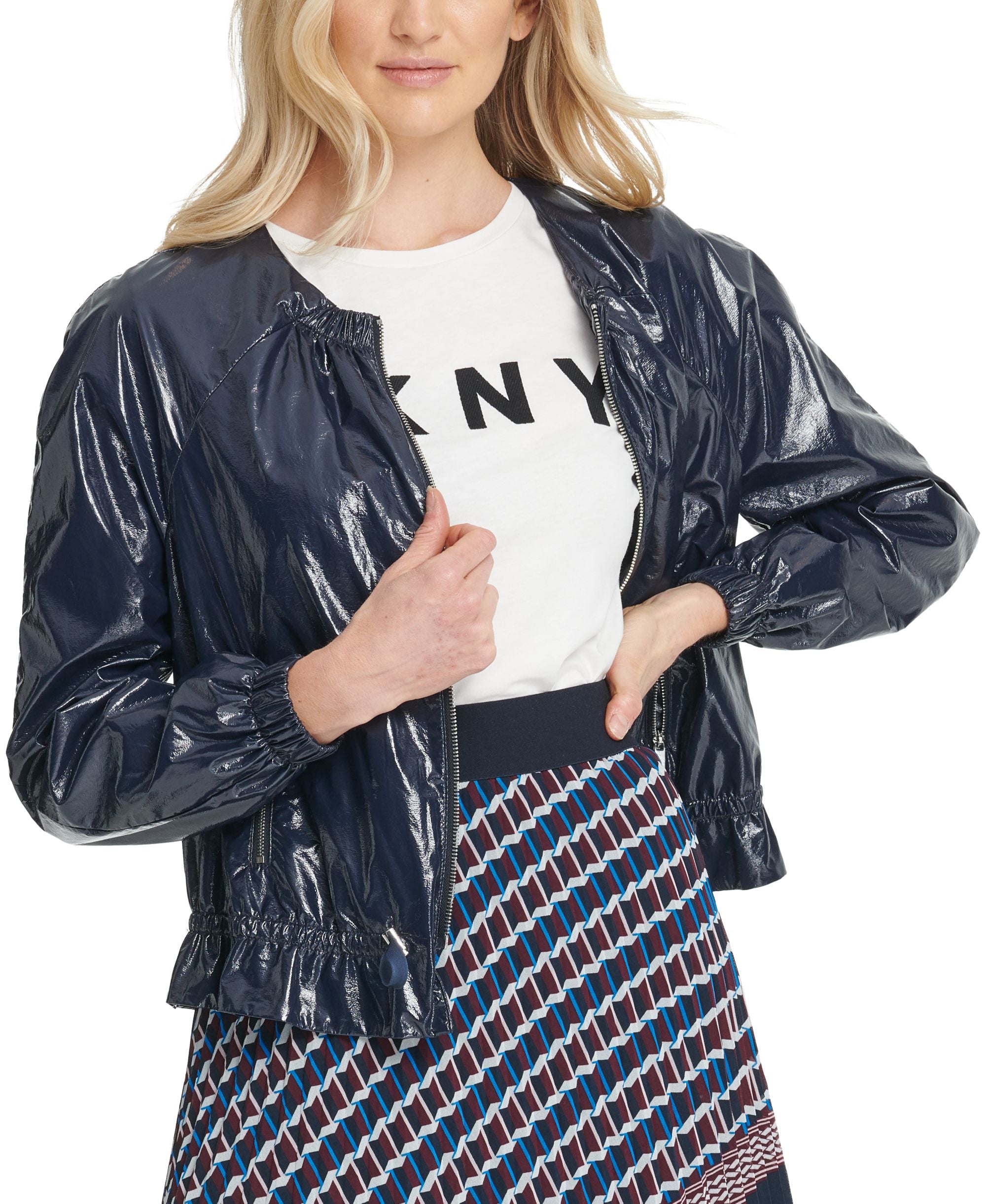 DKNY Faux-Leather Finish Drawstring Bomber Jacket