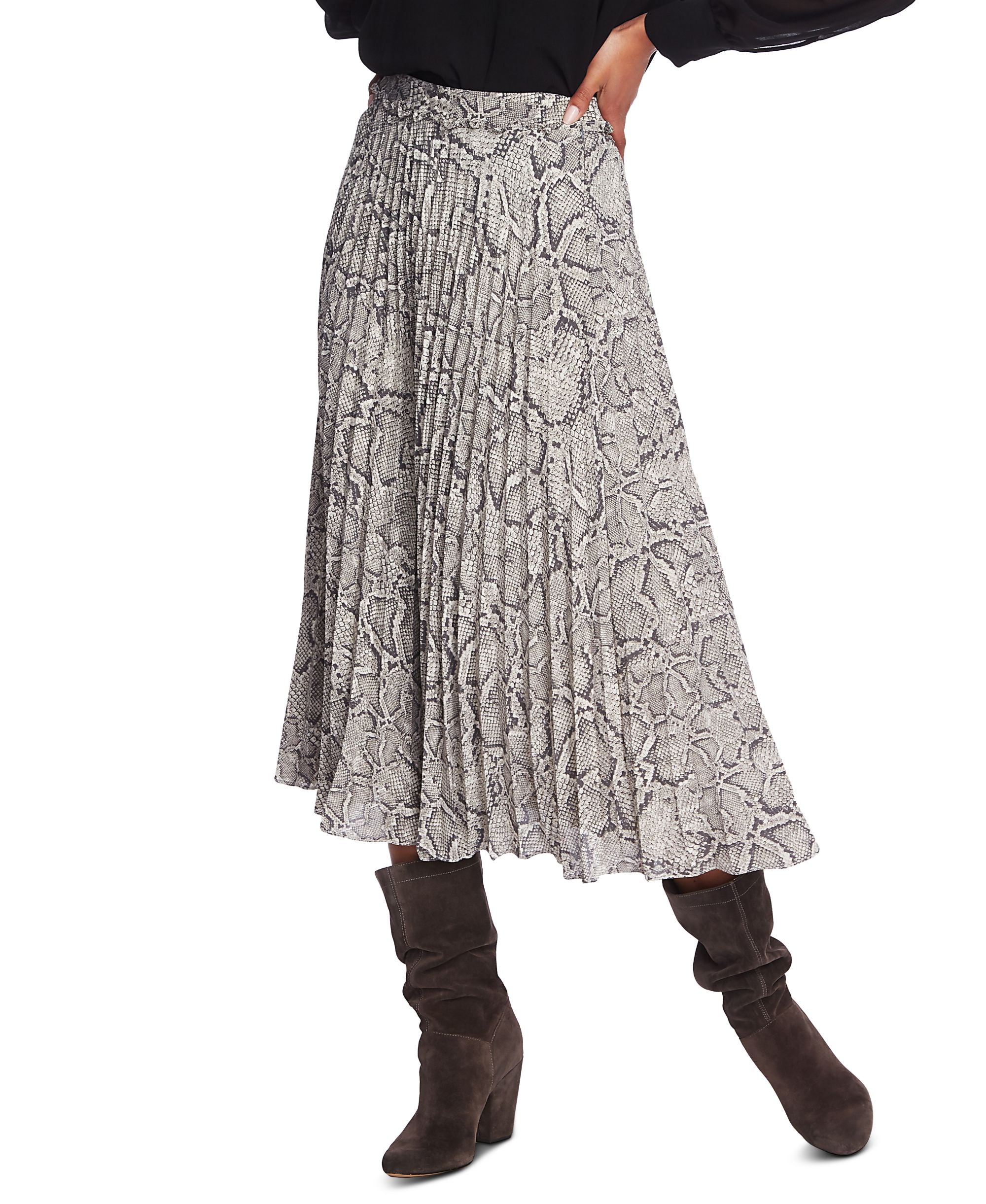 1.State Pleated Snake Print Midi Modern Skirt