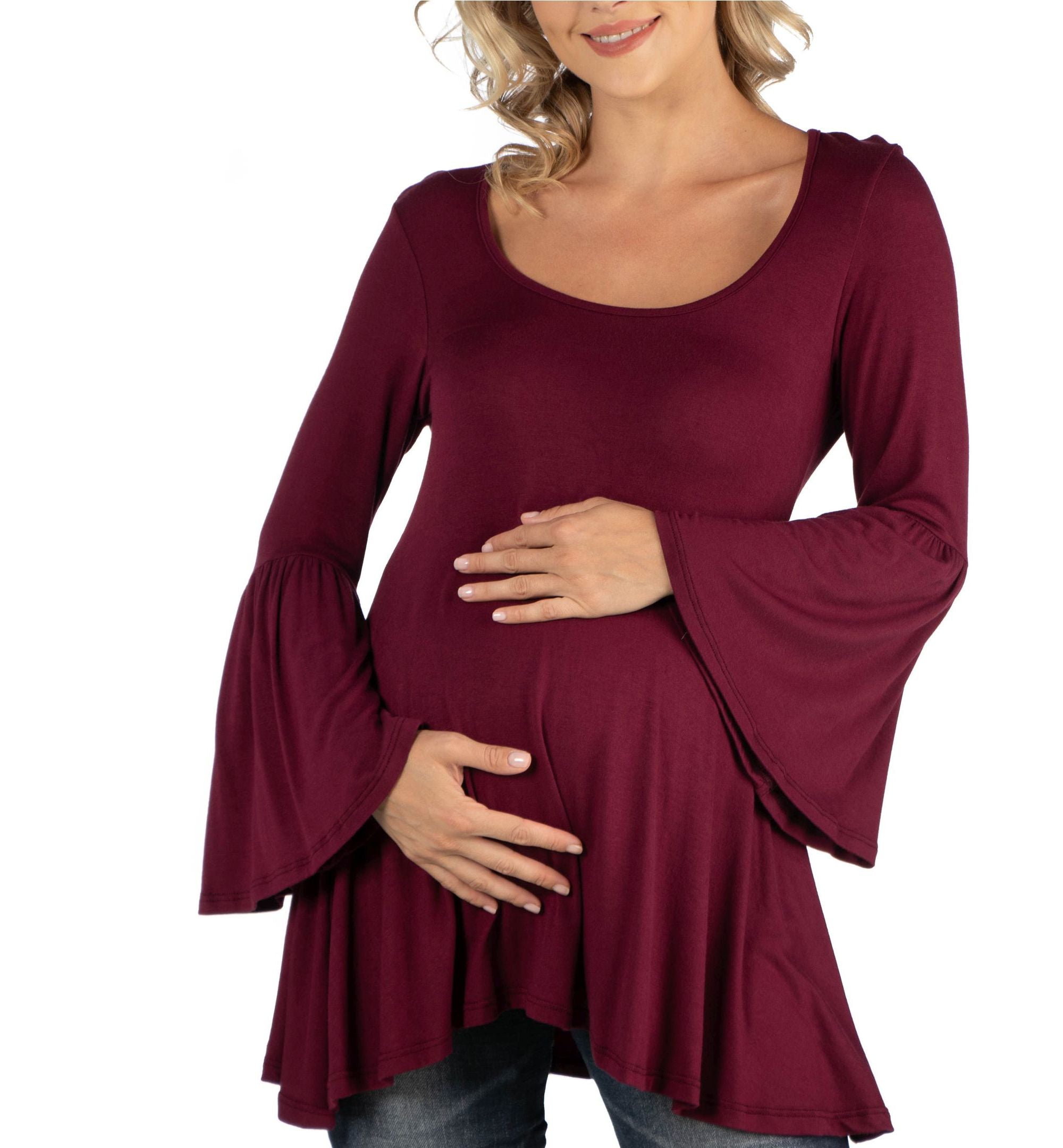 24seven Comfort Apparel Scoop Neck Bell Sleeve Swing Maternity Tunic Premium Top