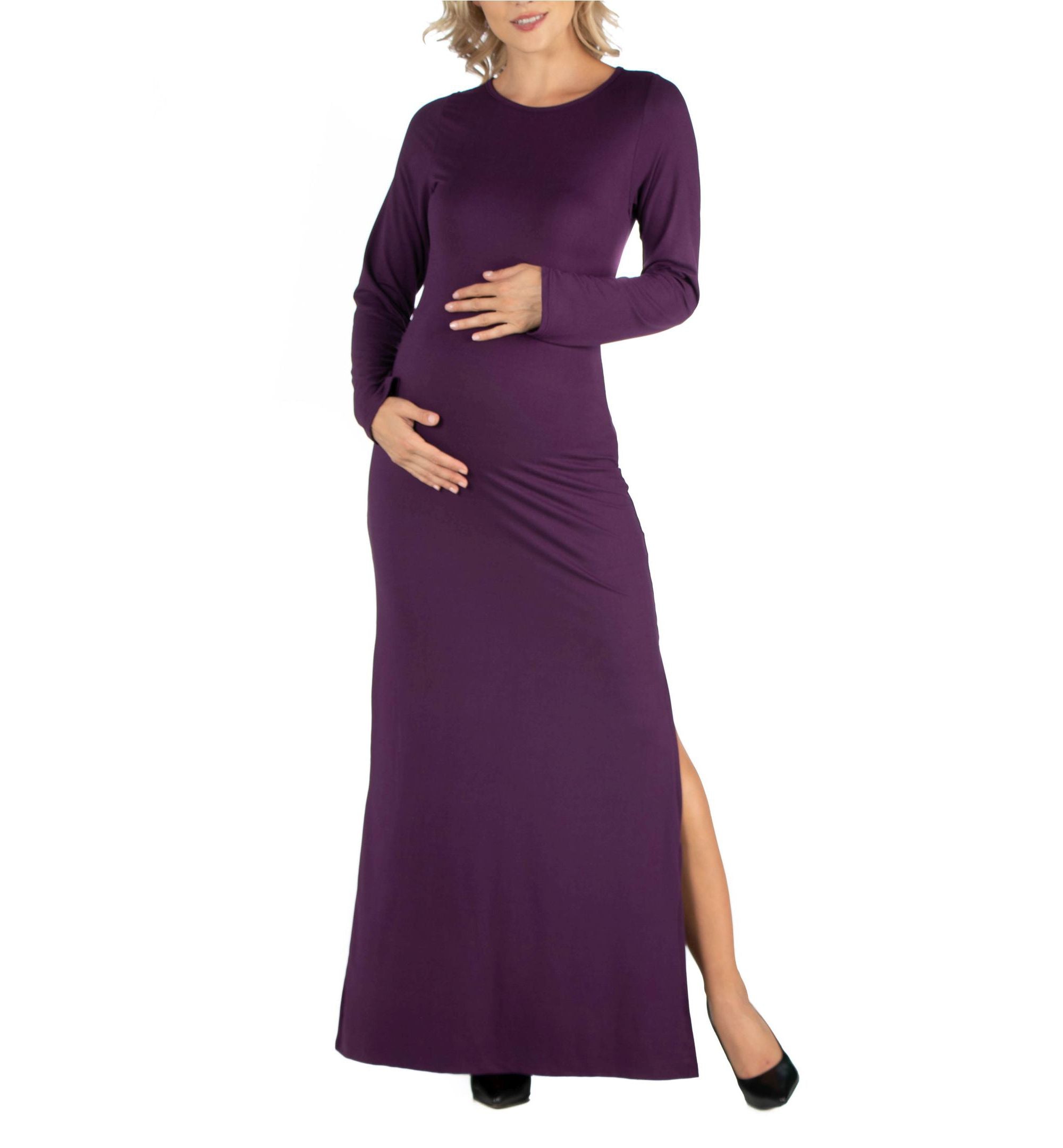 24seven Comfort Apparel Form Fitting Long-Sleeve Side Slit Maternity Maxi Dress