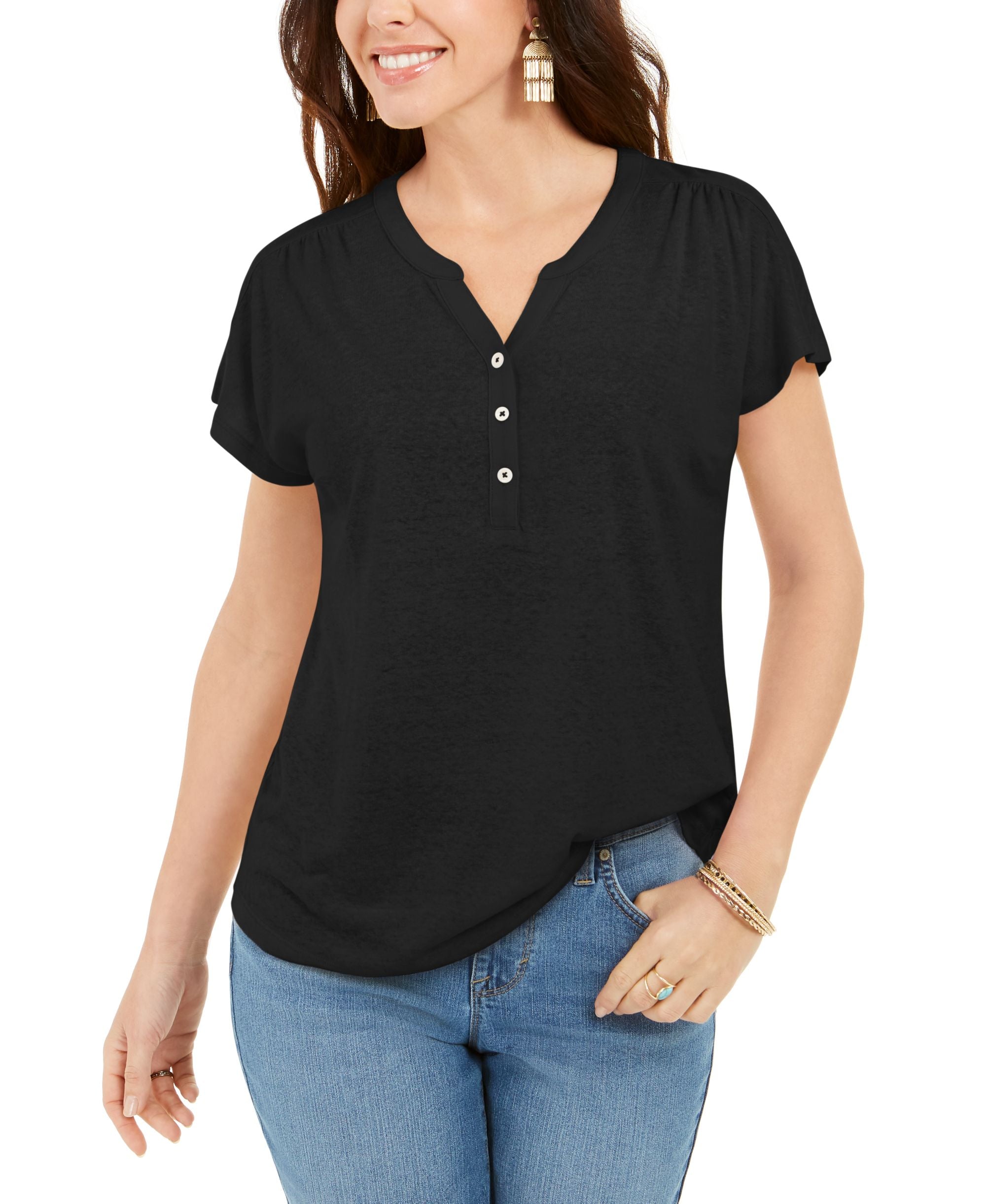 Style & Co Petite Linen-Blend Blend Henley Premium Top
