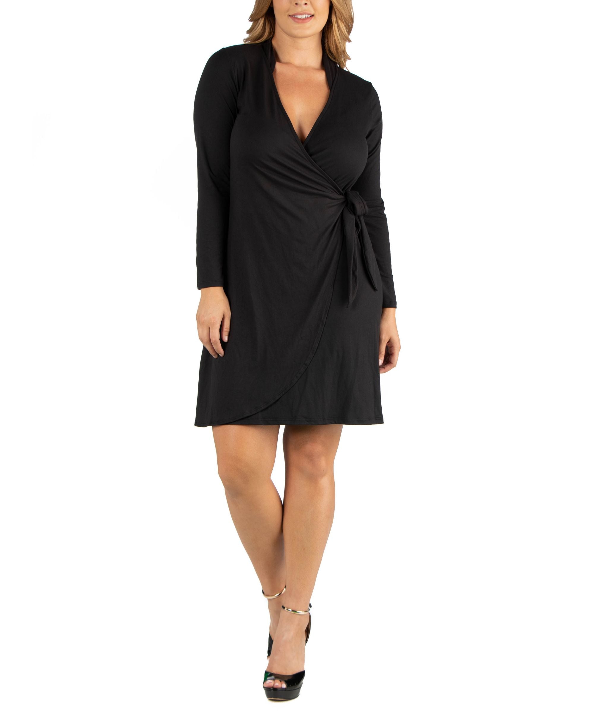 24seven Comfort Apparel Knee Length Long-Sleeve Plus Size Wrap Dress