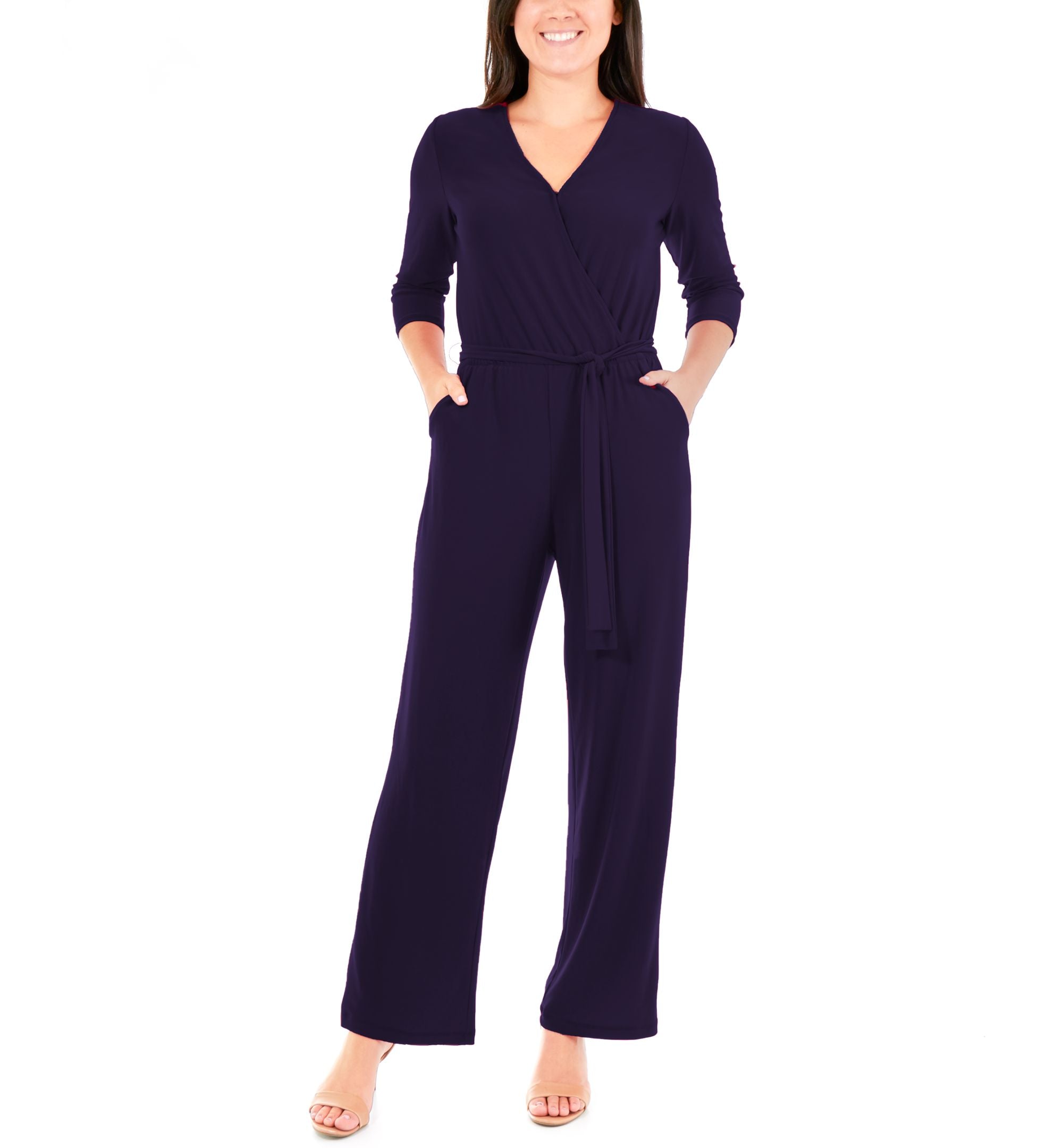 Petite 3/4 Sleeve Belted Wide-Leg Jumpsuit
