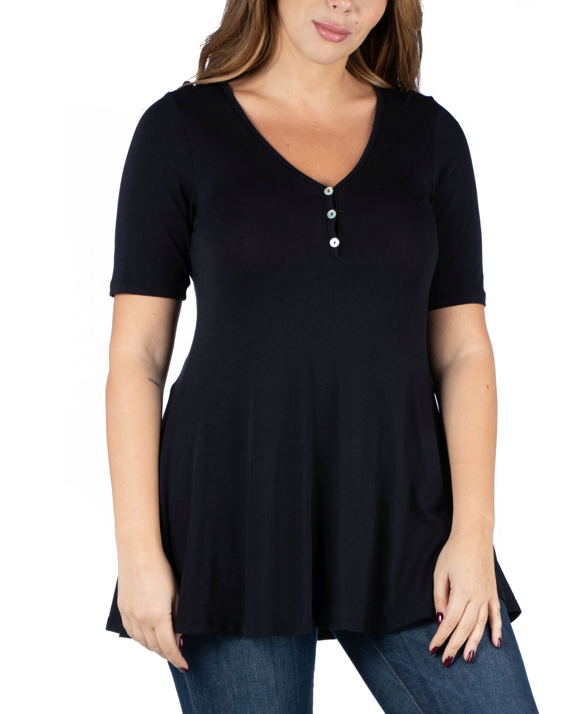 Plus Size Elbow Sleeve Henley Tunic Premium Top
