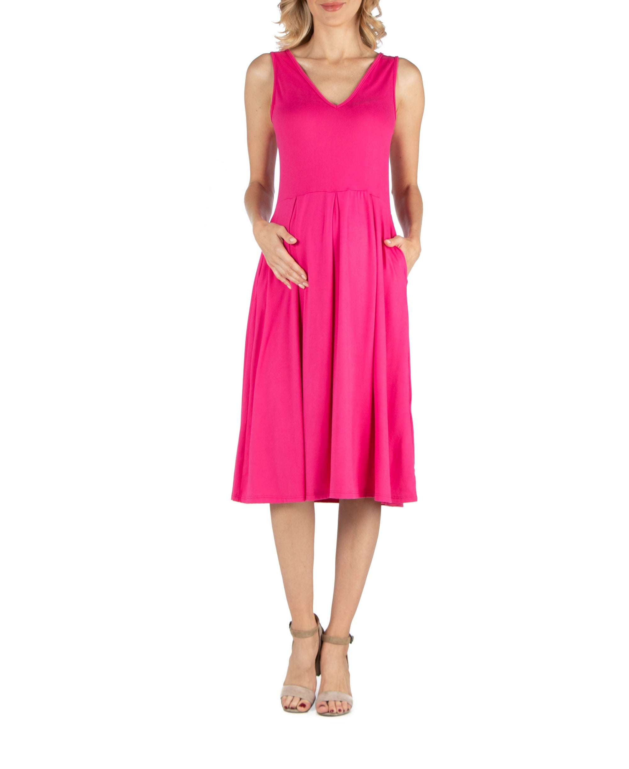 Fit and Flare Sleeveless Maternity Midi Dress with Pockets