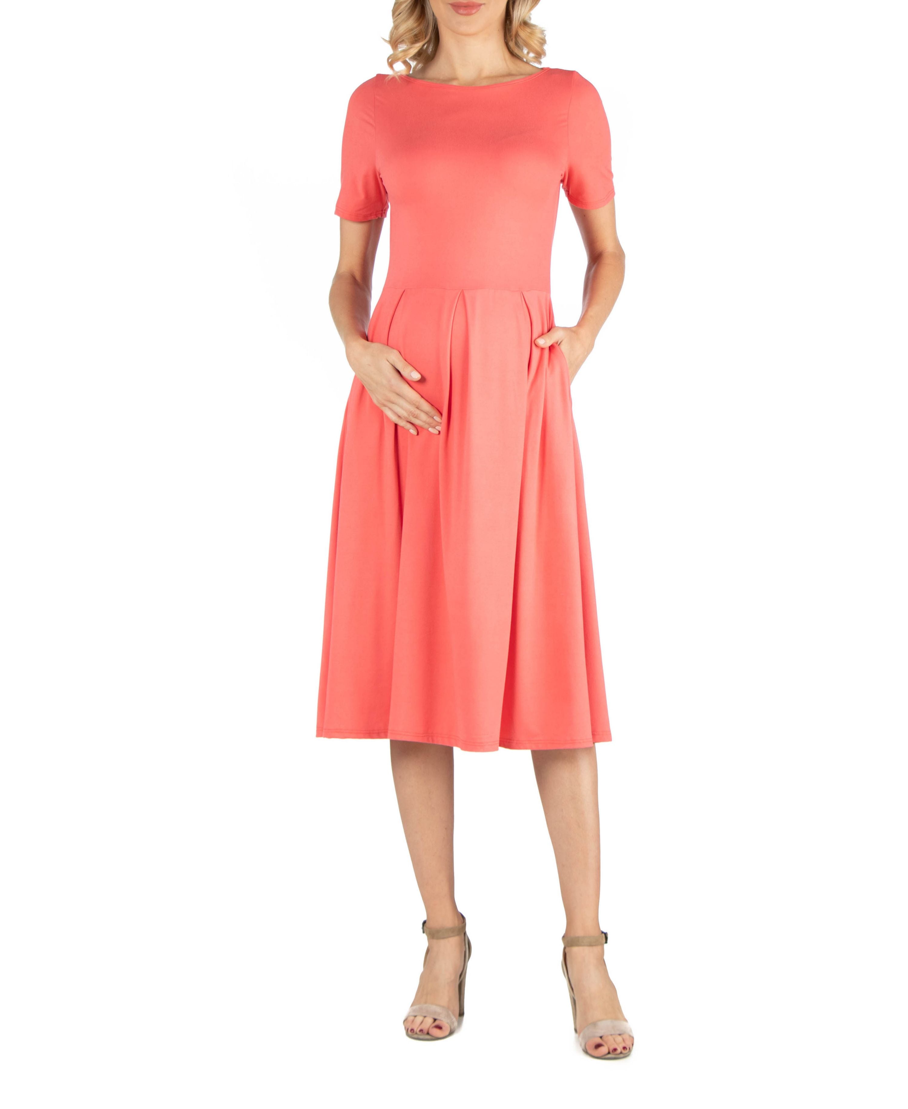 Maternity Midi Dress with Short-Sleeve and Pocket Detail
