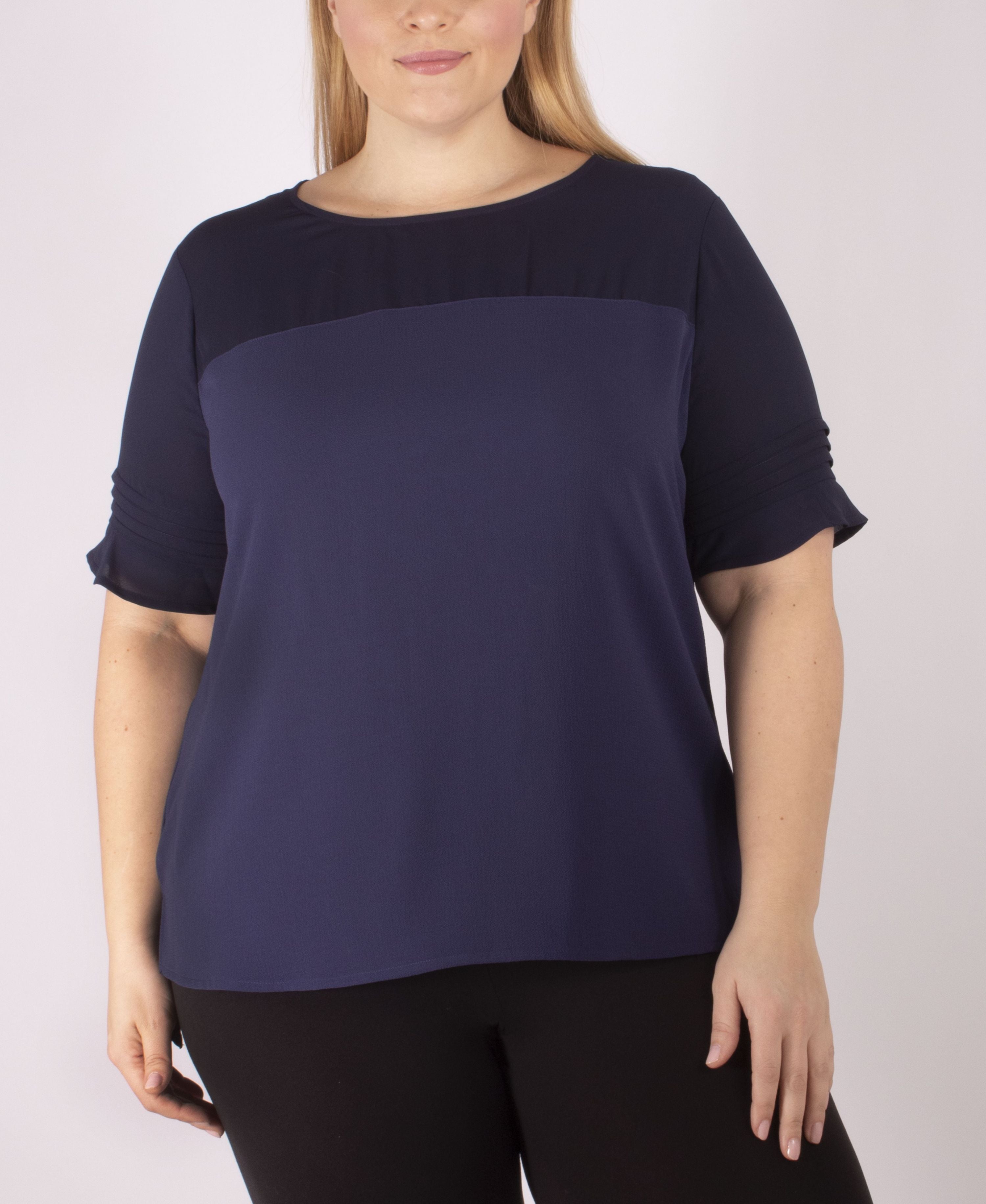 Plus Size Short-Sleeve Crepe Premium Top With Chiffon Yoke