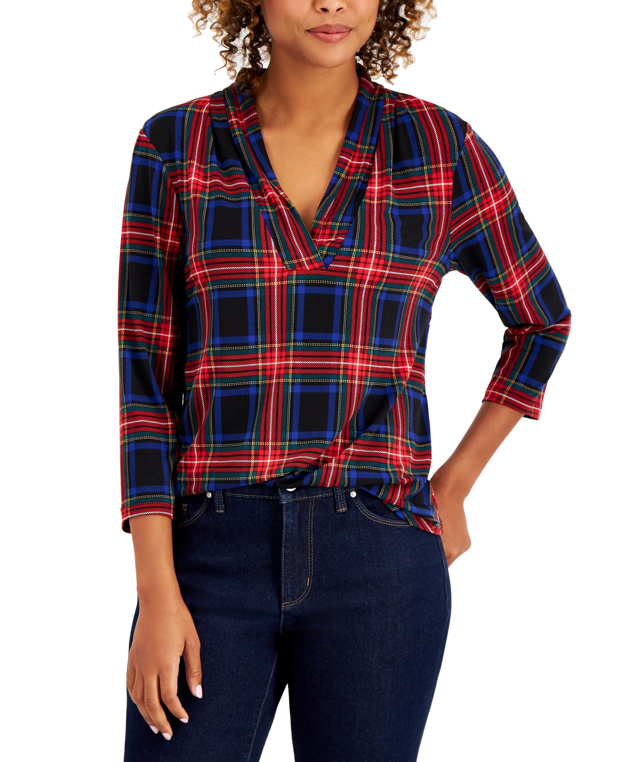Plaid Pleated V-Neck Premium Top