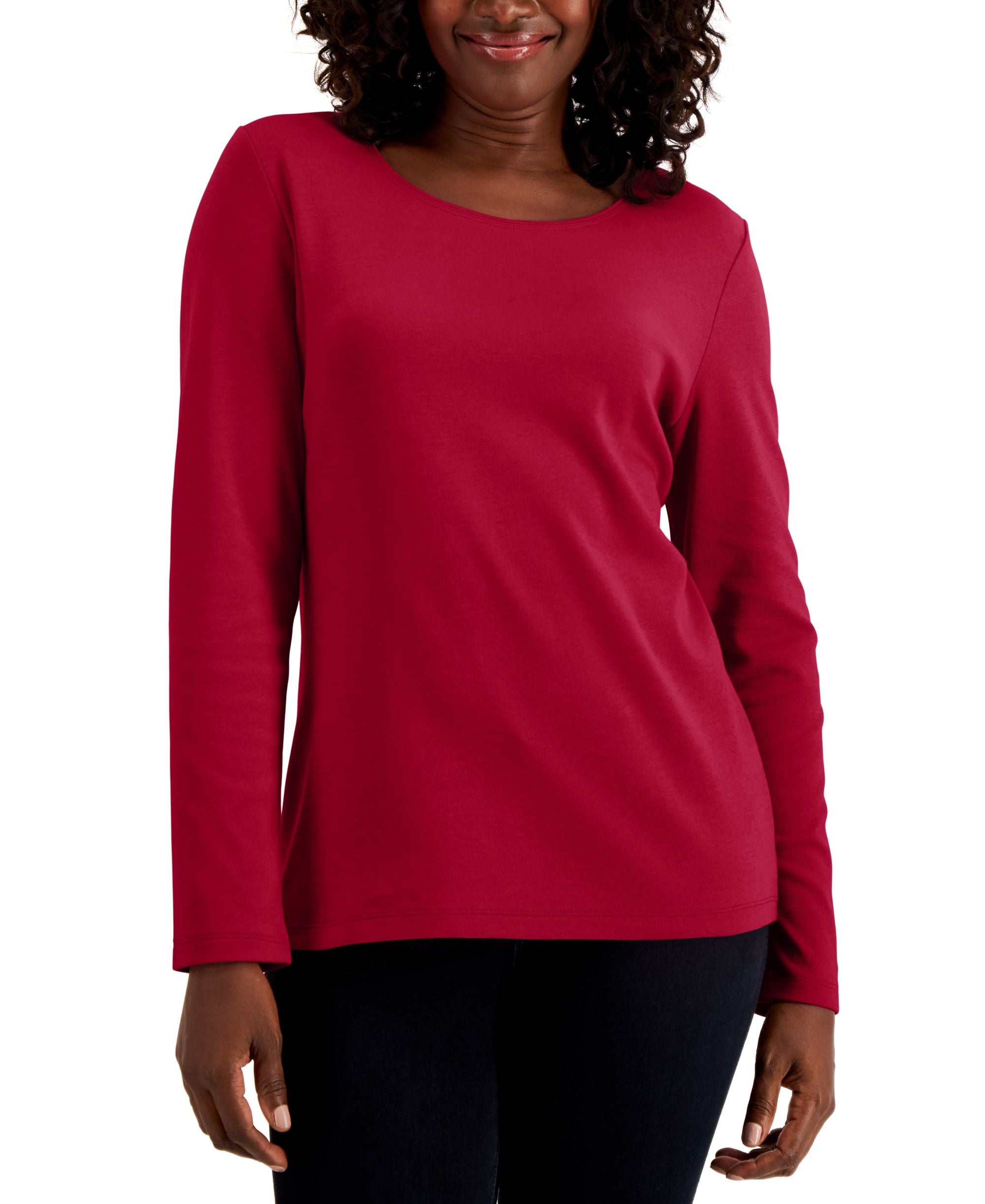 Karen Scott Petite Long-Sleeve Cotton Scoop Neckline Premium Top