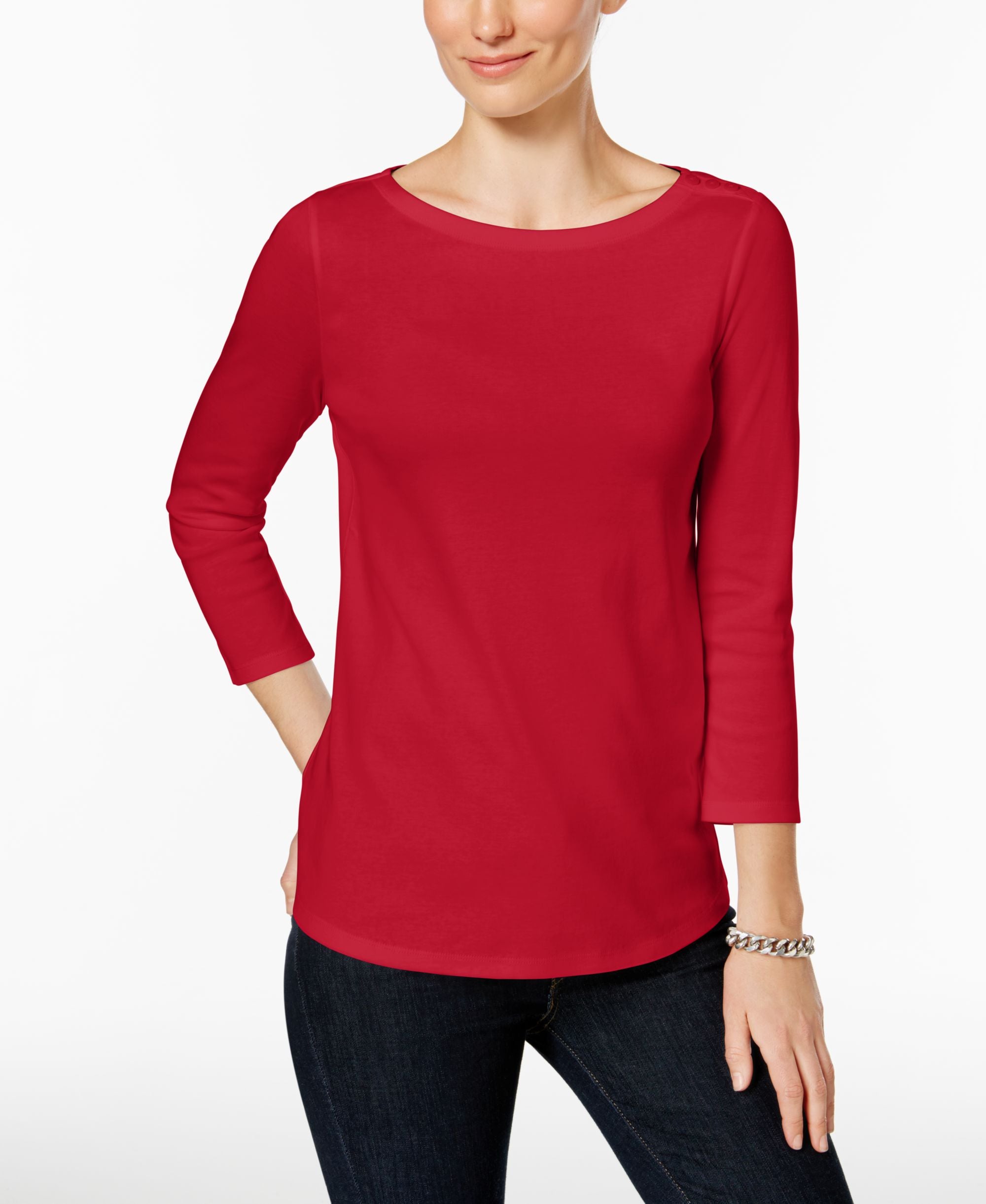Charter Club Petite Pima Cotton Button Shoulder Premium Top