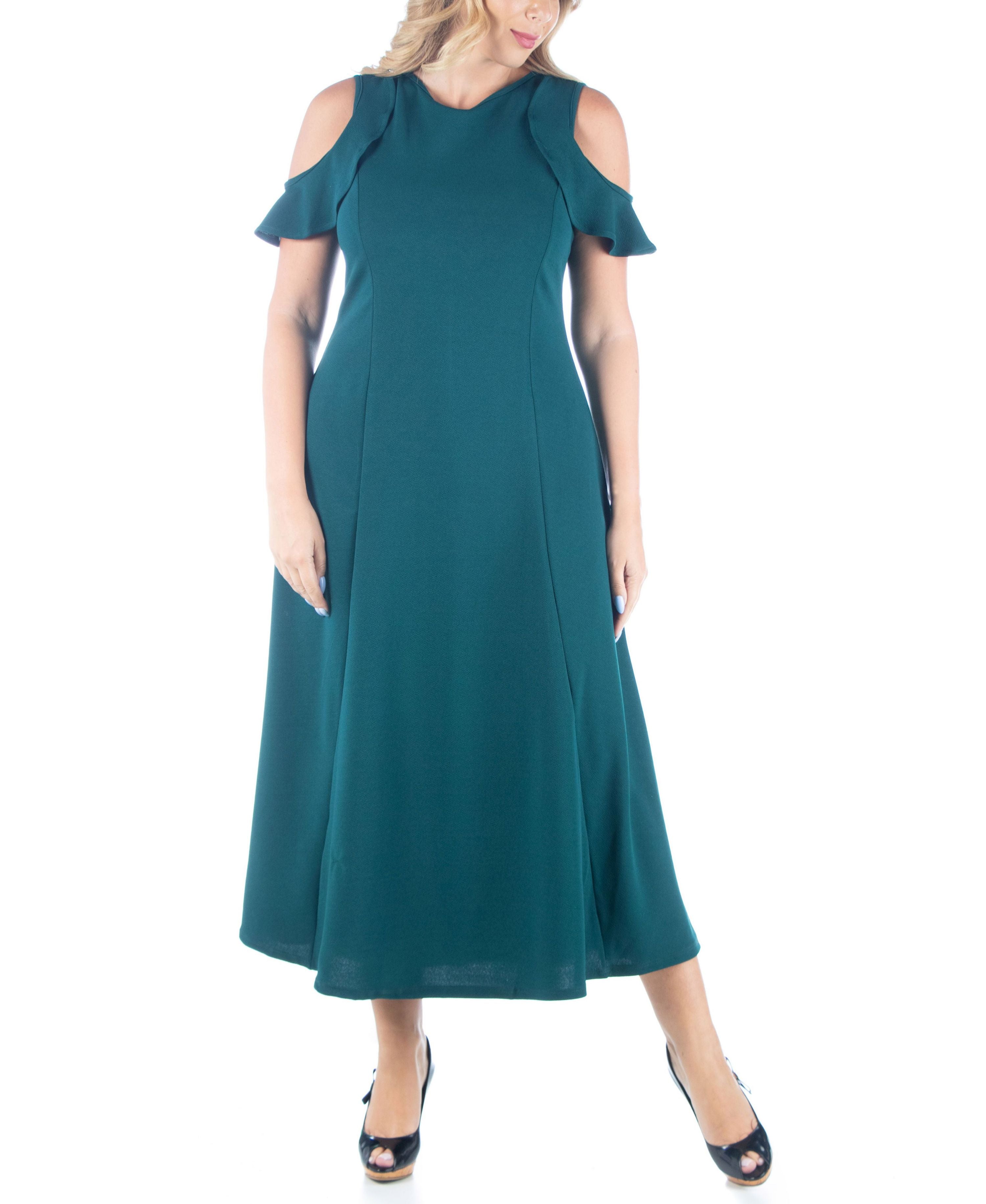 Plus Size Ruffle Cold Shoulder A-Line Maxi Dress