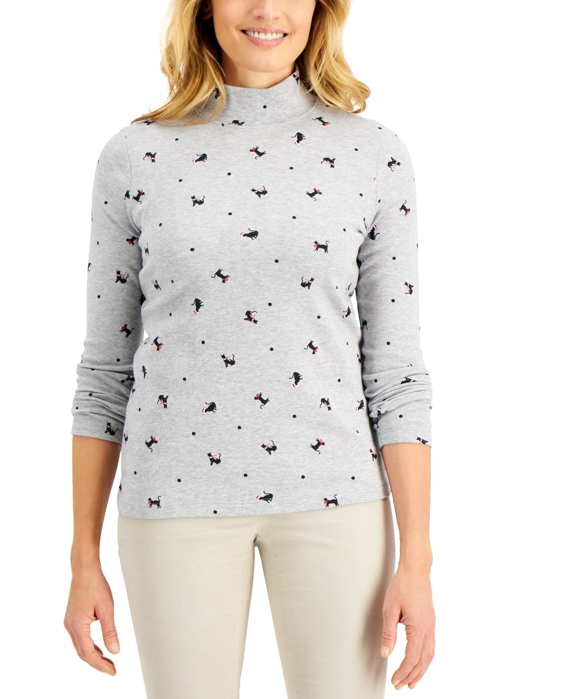 Cat-Print Mock-Neck Premium Top