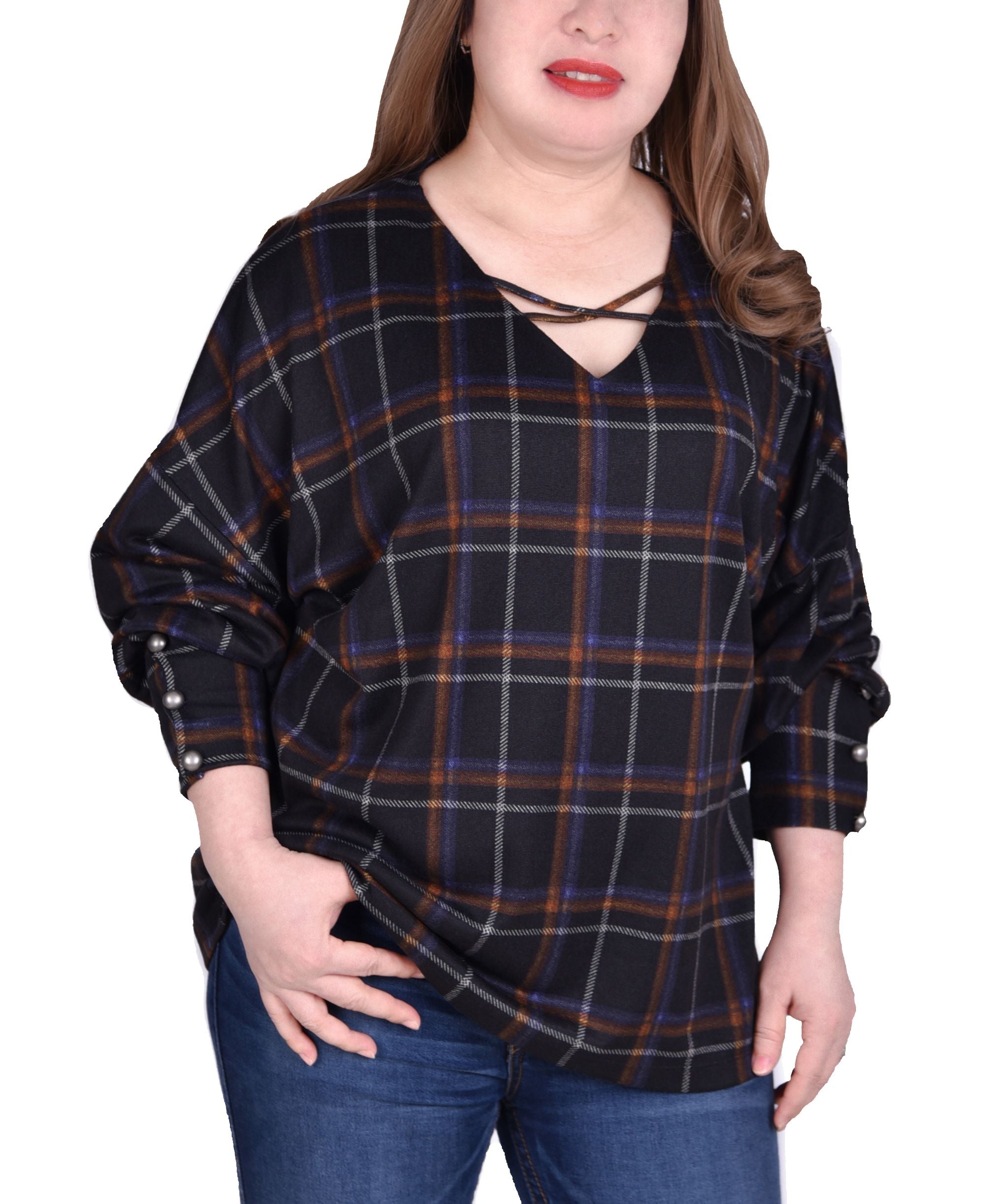Women's Plus Size Long-Sleeve Plaid Premium Top