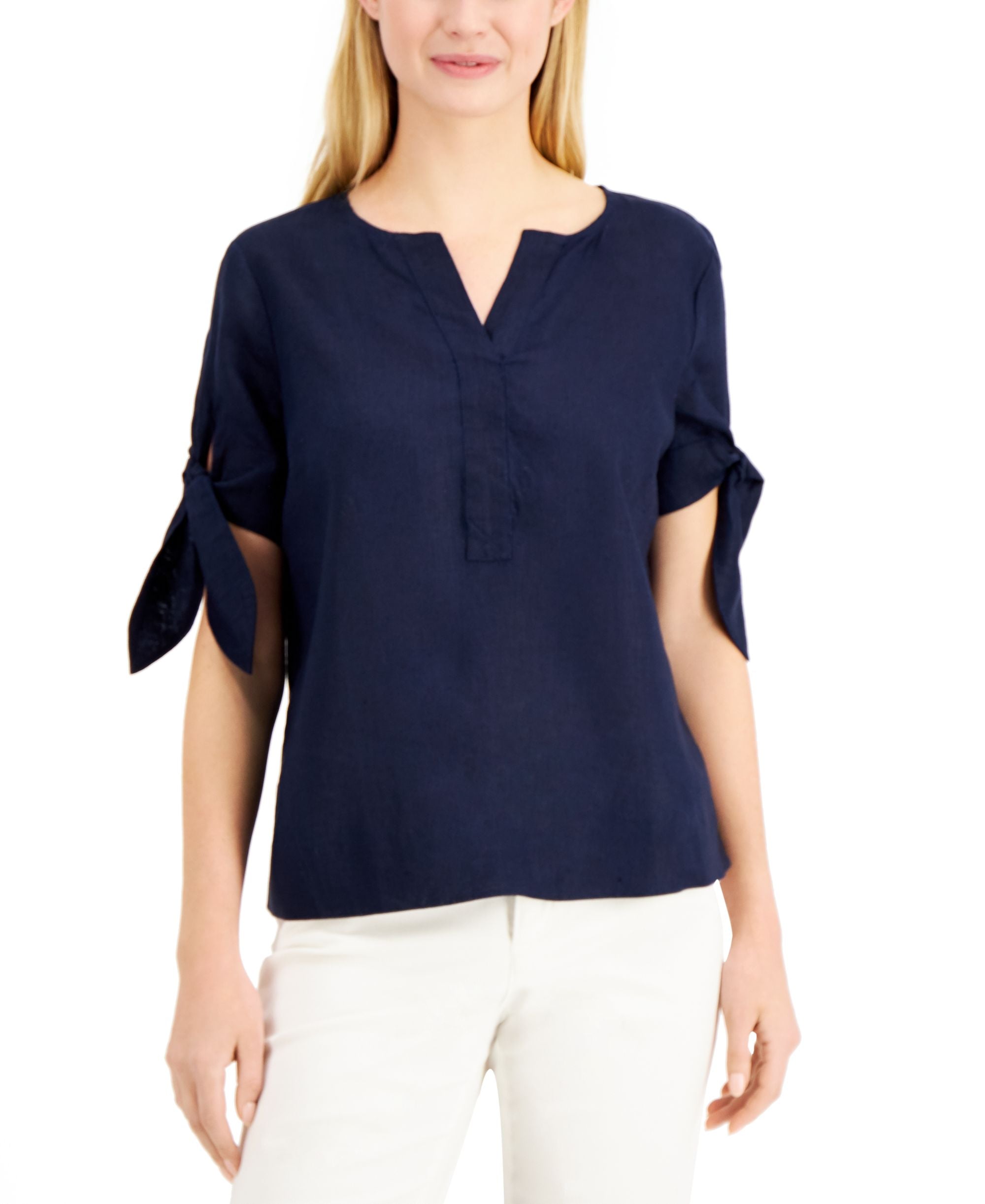 Charter Club Womens Linen-Blend Split Neck Tie Cuff Premium Top