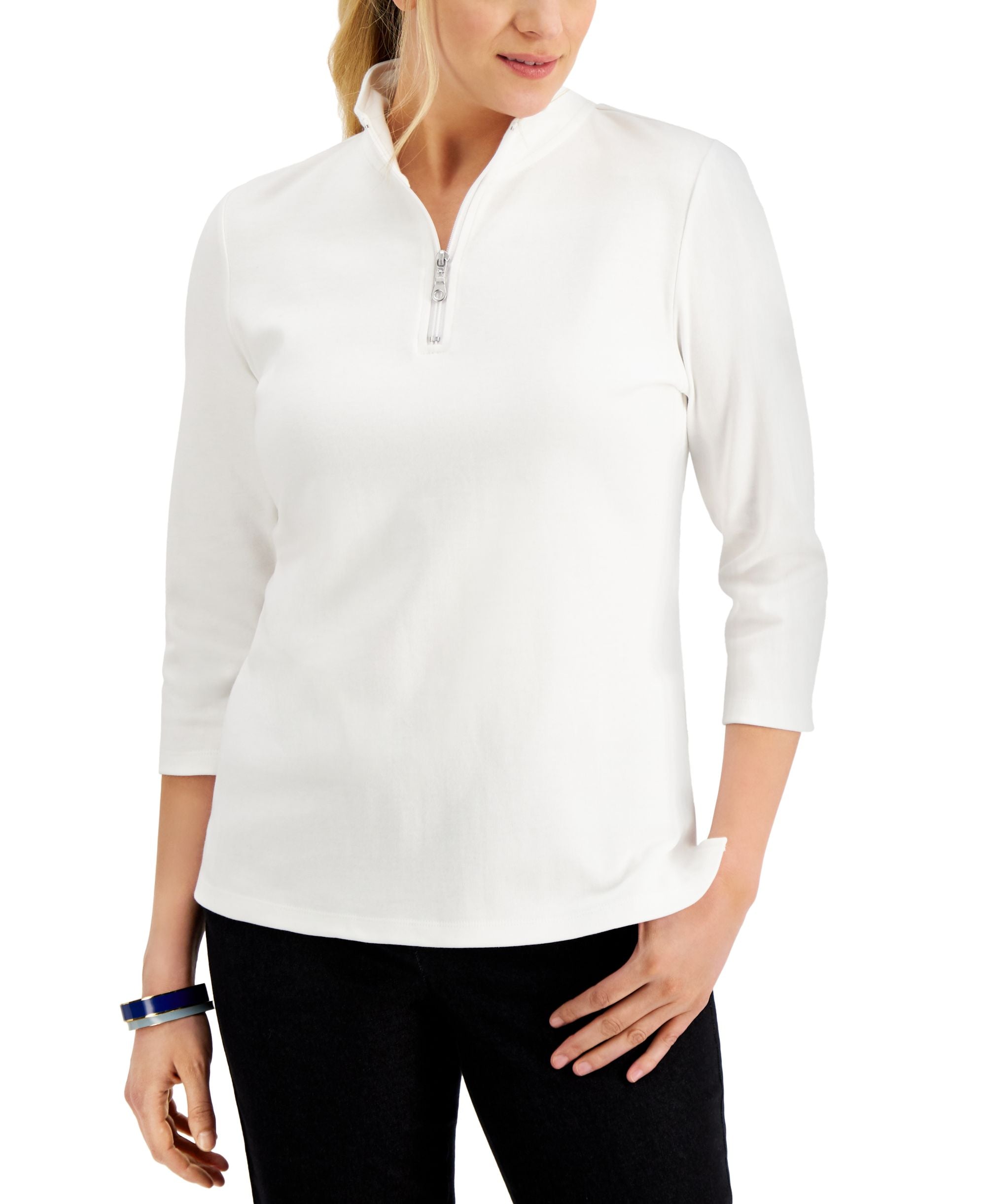 Karen Scott Cotton Zip Neck Premium Top