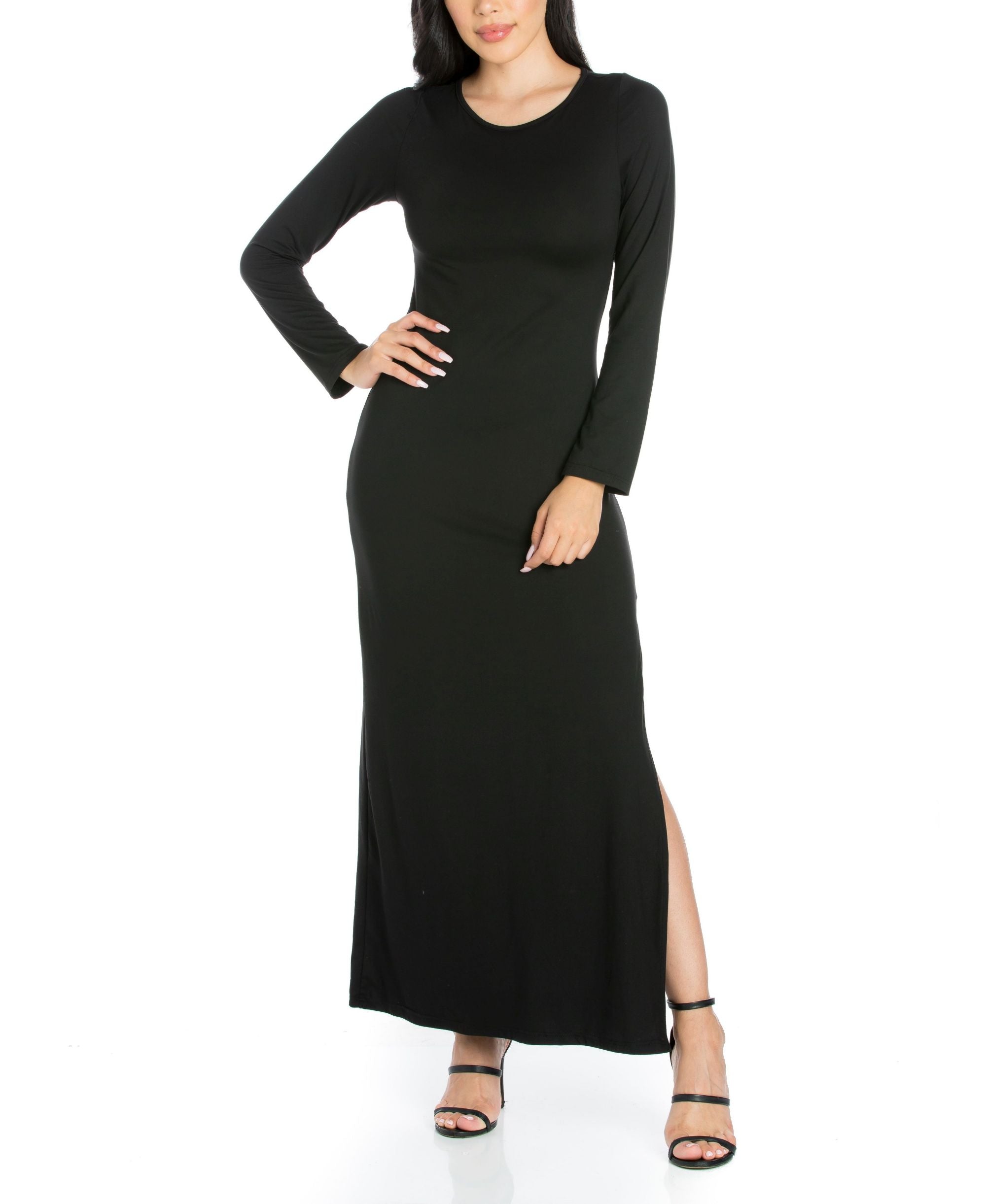 Womens Long-Sleeve Side Slit Fitted Maxi Dress
