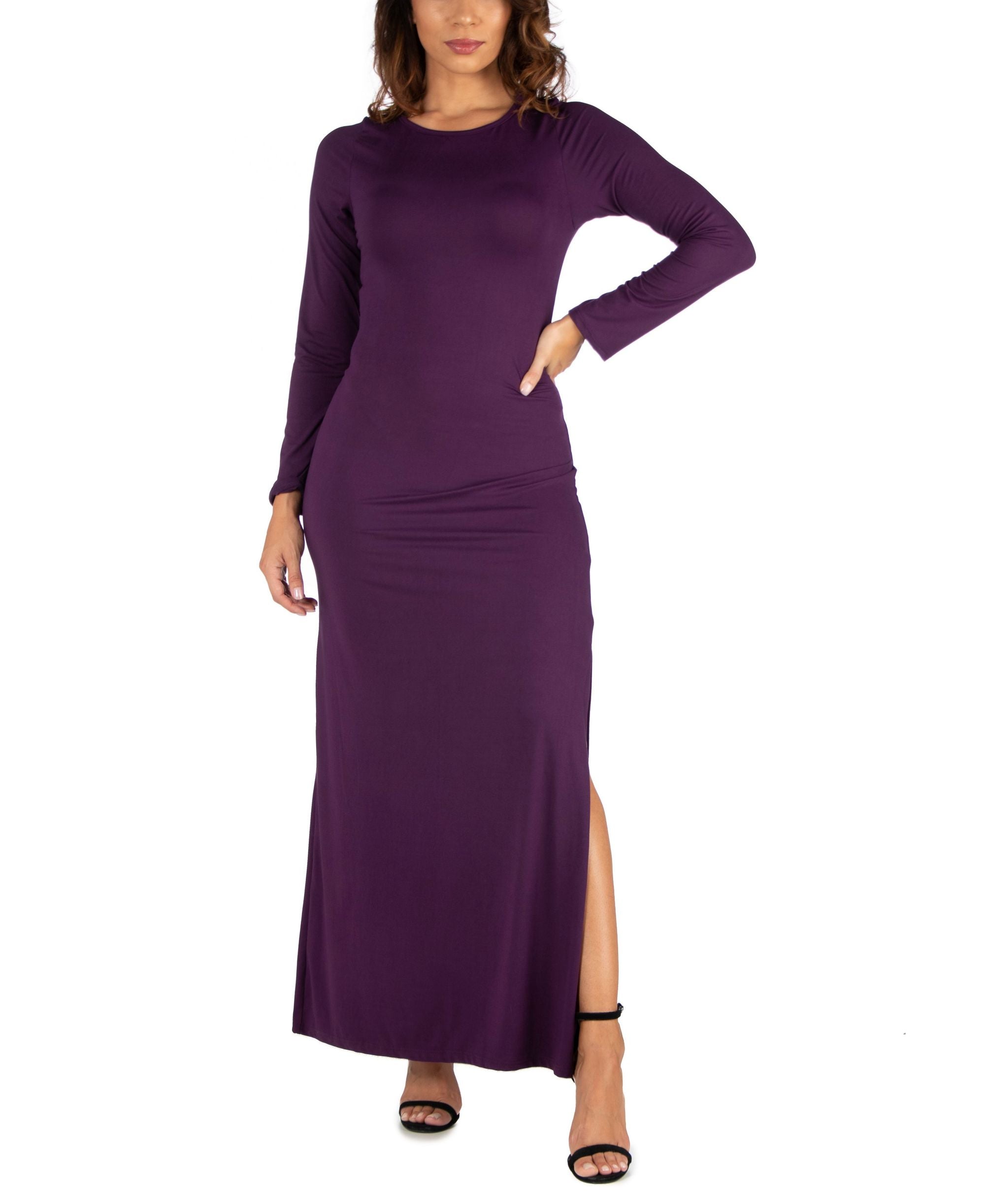 Womens Long-Sleeve Side Slit Fitted Maxi Dress