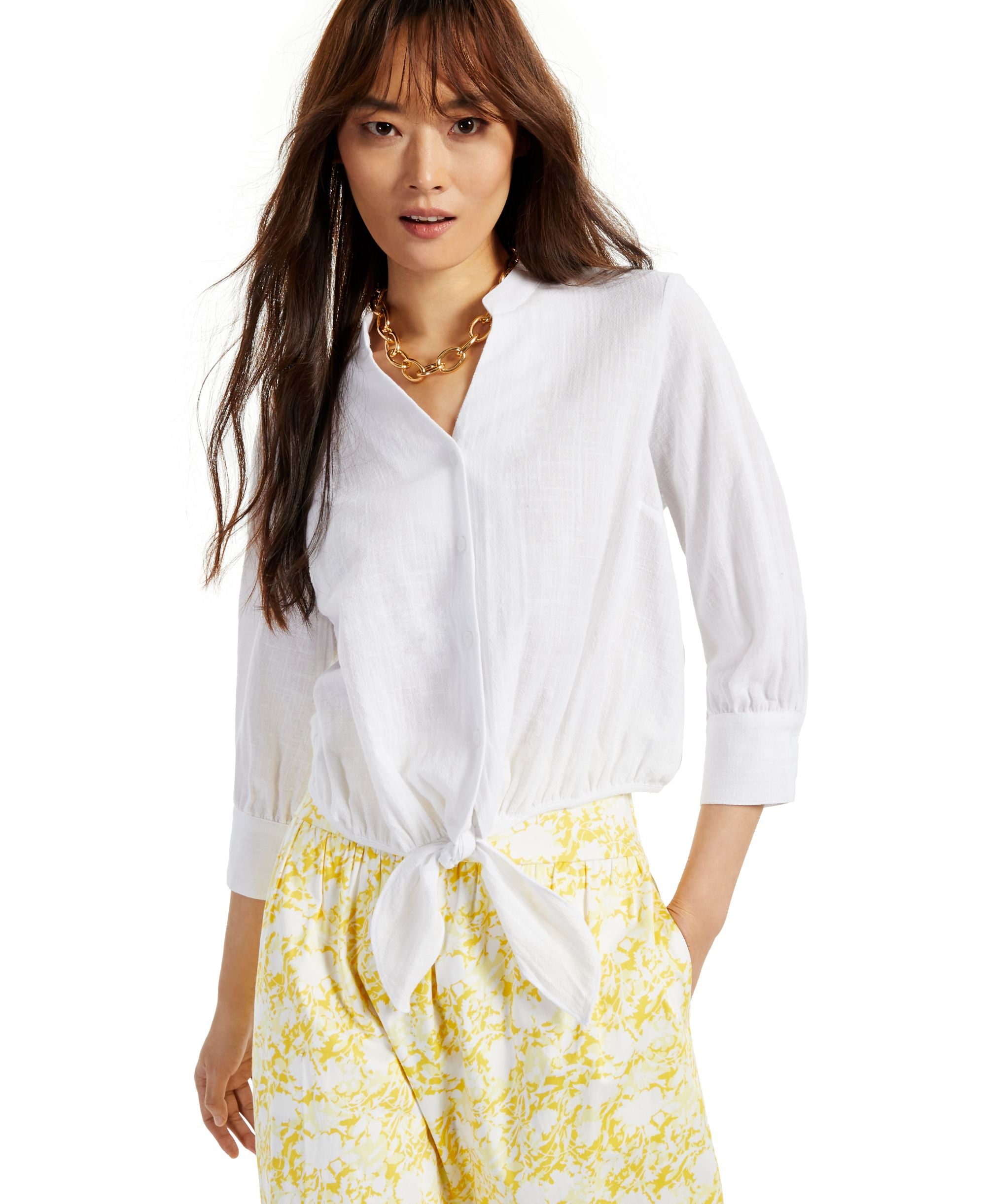 INC International Concepts Petite Tie-Waist Button-Front Premium Top