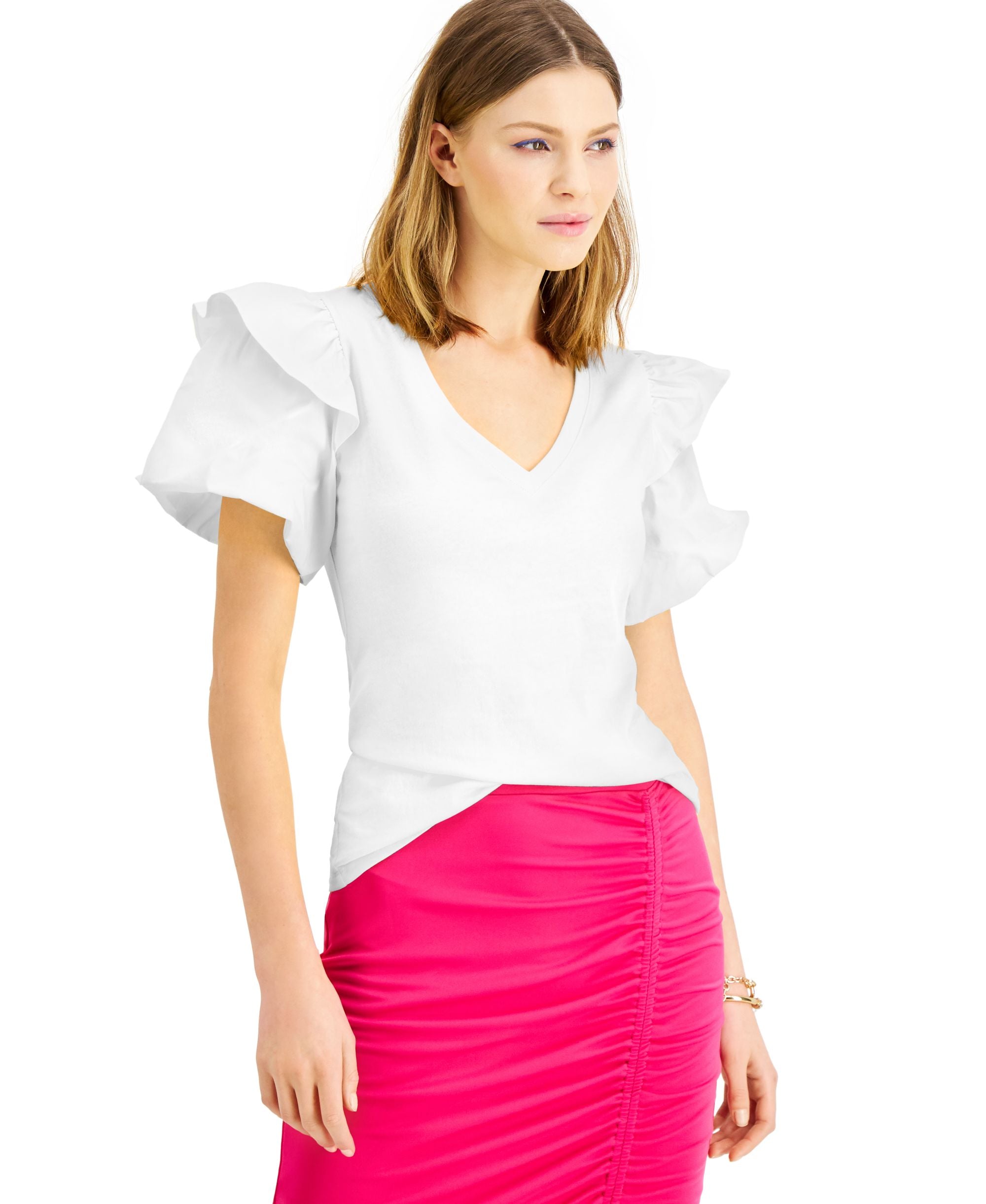 INC International Concepts Petite Cotton Ruffled Shoulder Premium Top