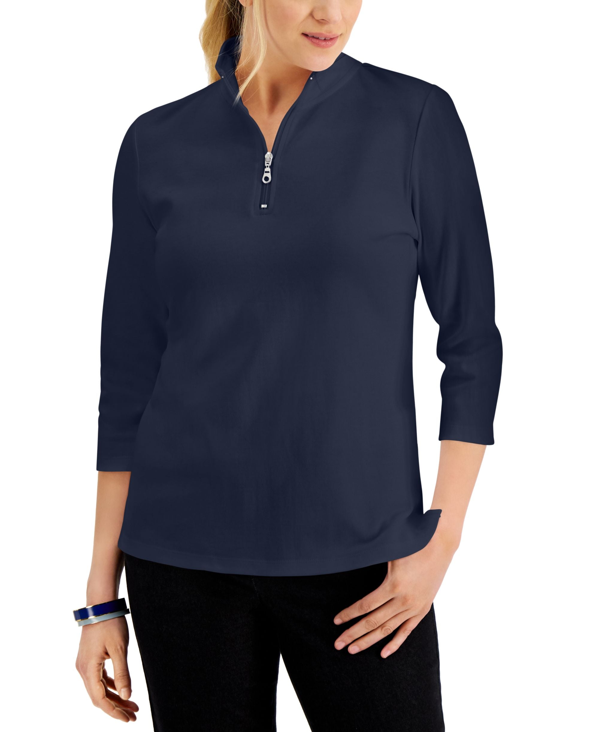 Karen Scott Cotton Zip Neck Premium Top