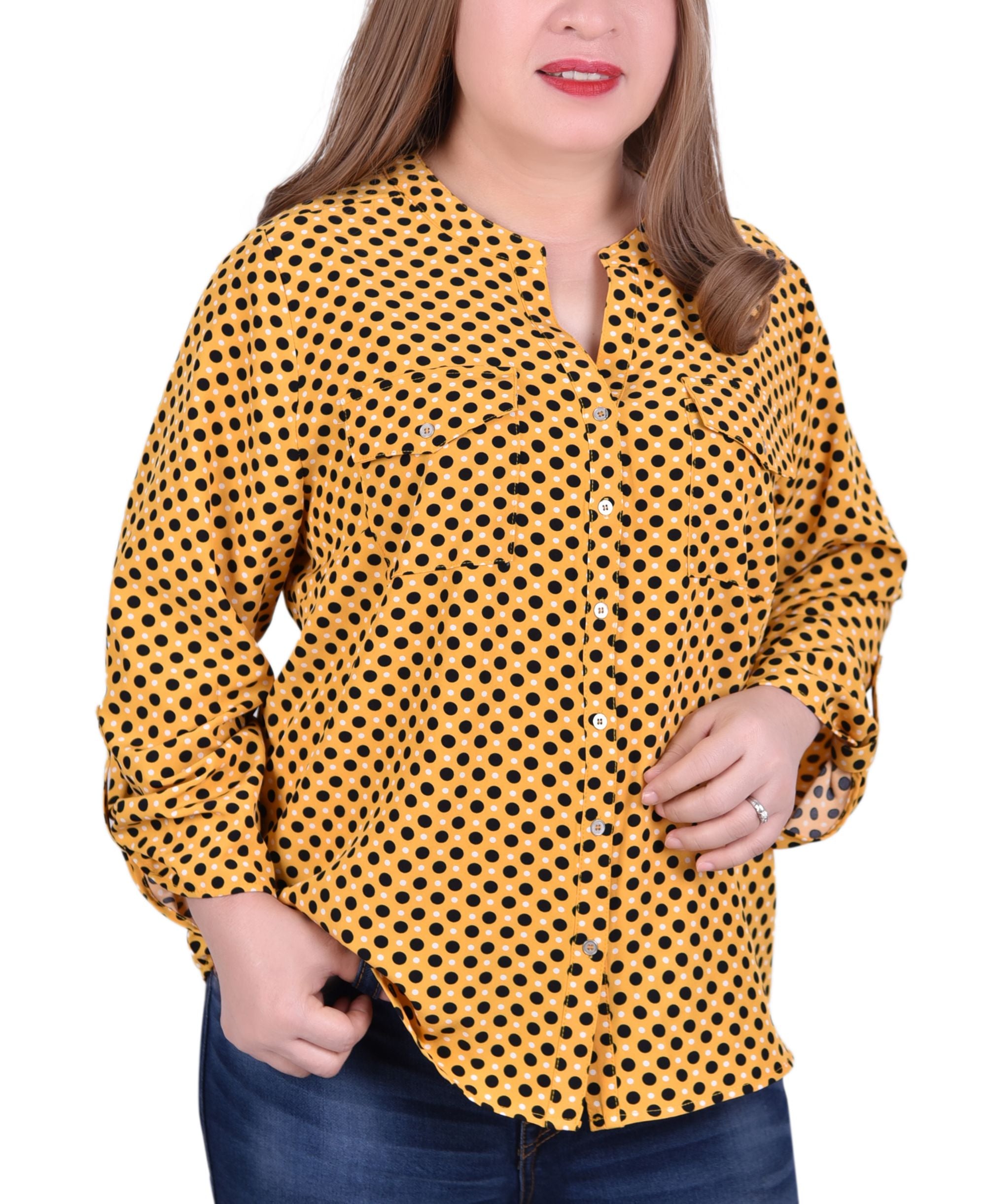 Plus Size 3/4 Roll Tab Sleeve Mandarin Collar Signature Blouse