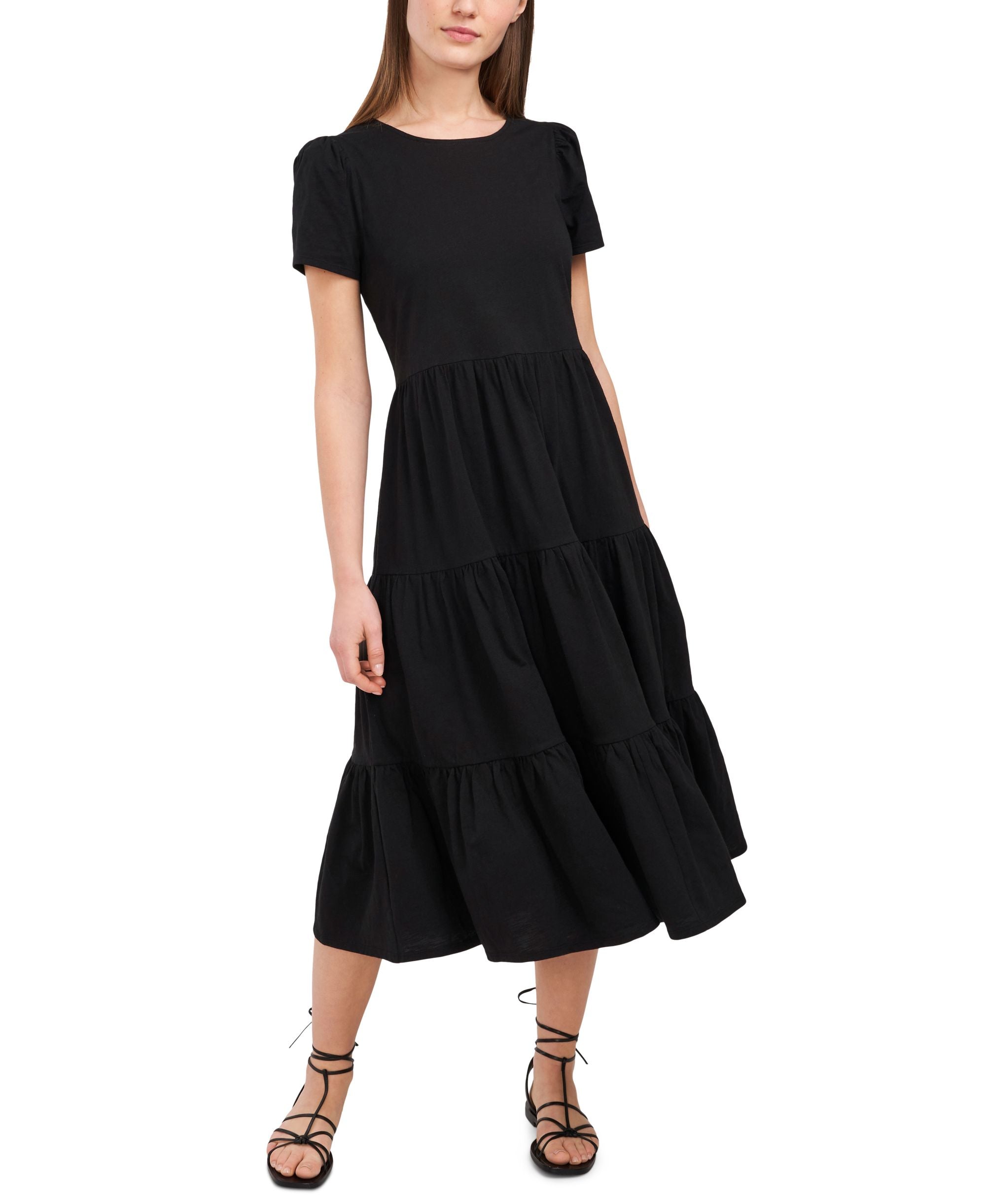 Lacey Tiered Flounce Puff-Sleeve Dress