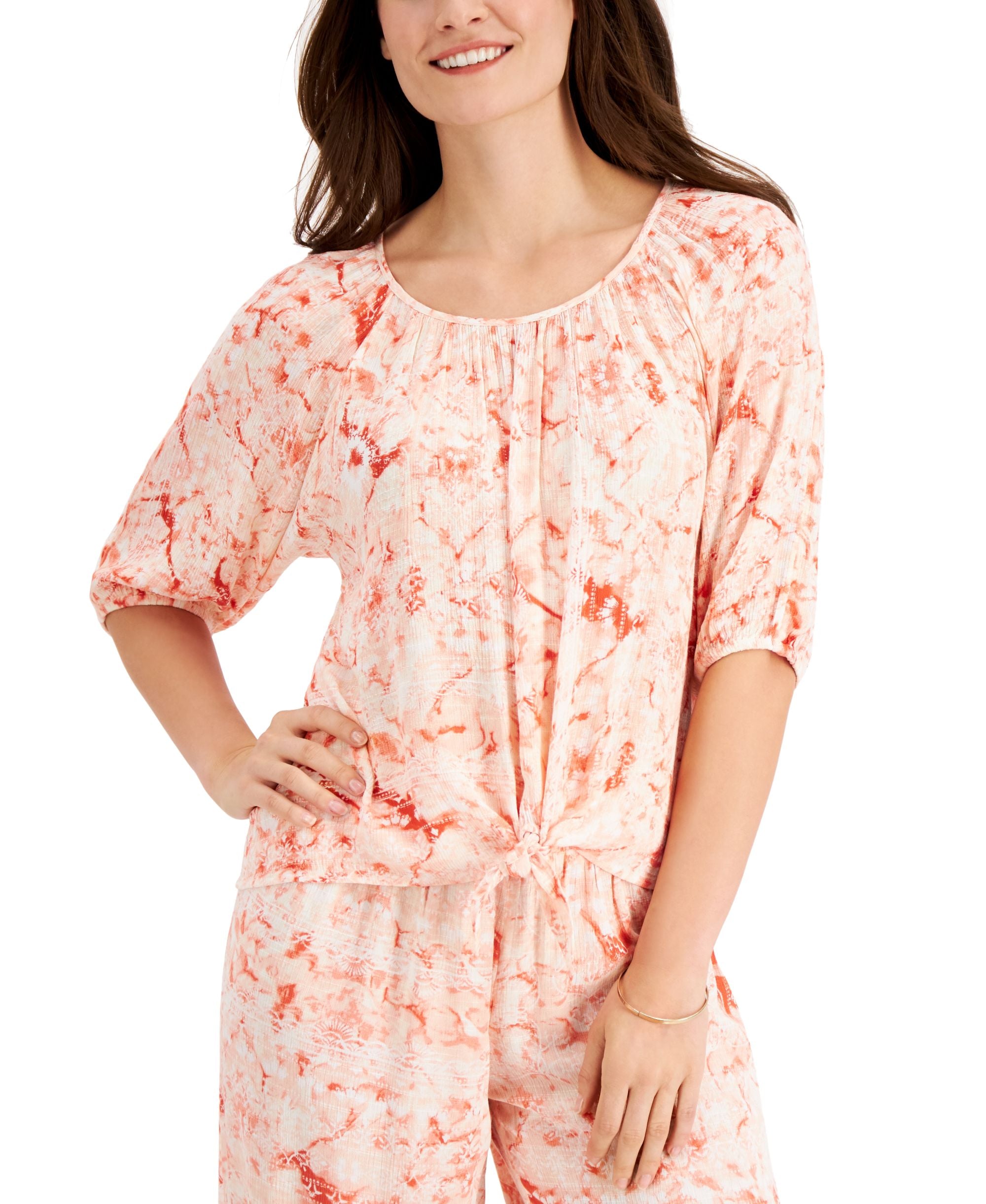 JM Collection Ariana Printed Gauze Tie Front Premium Top