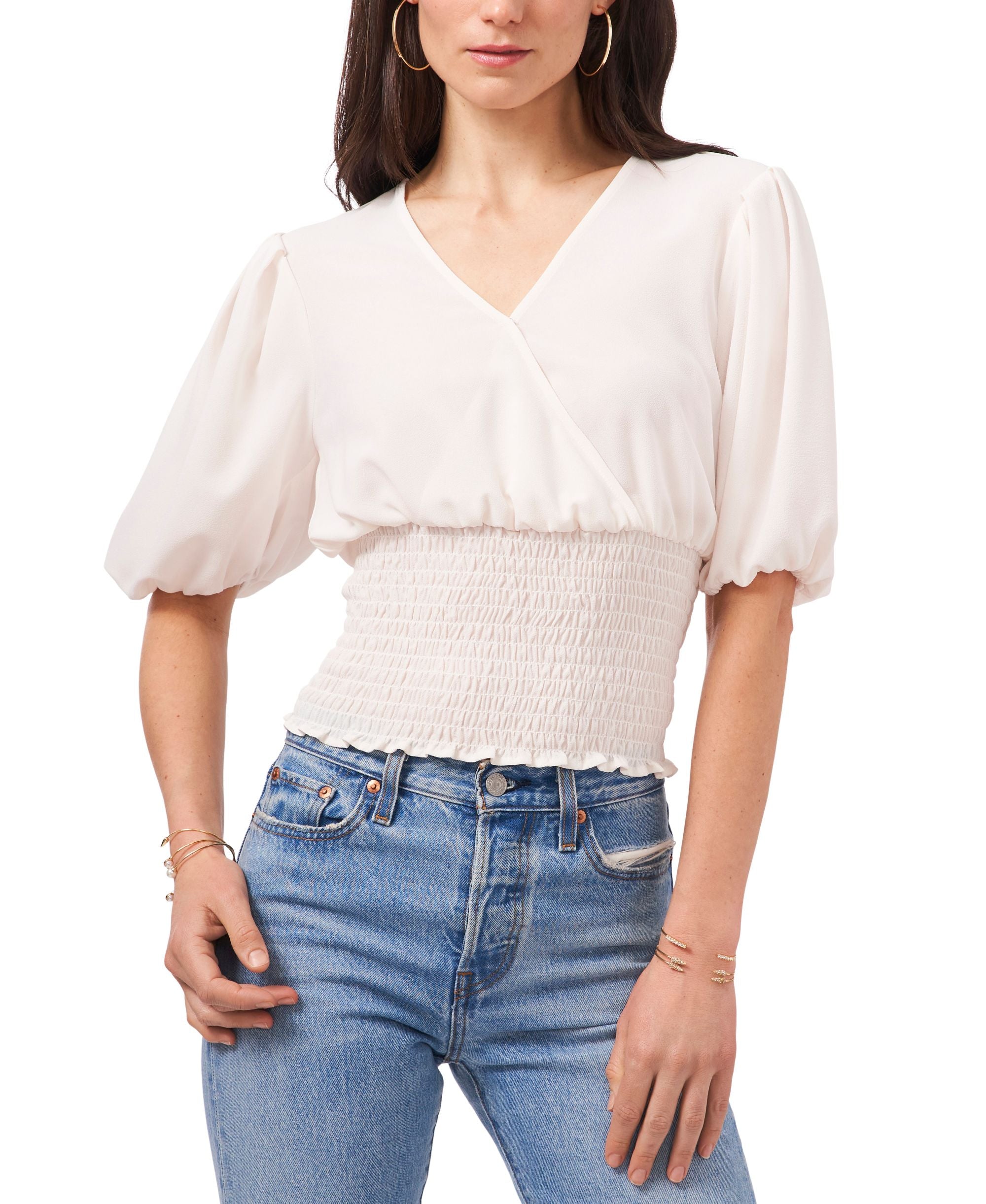 1.State Smocked Puff-Sleeve Premium Top