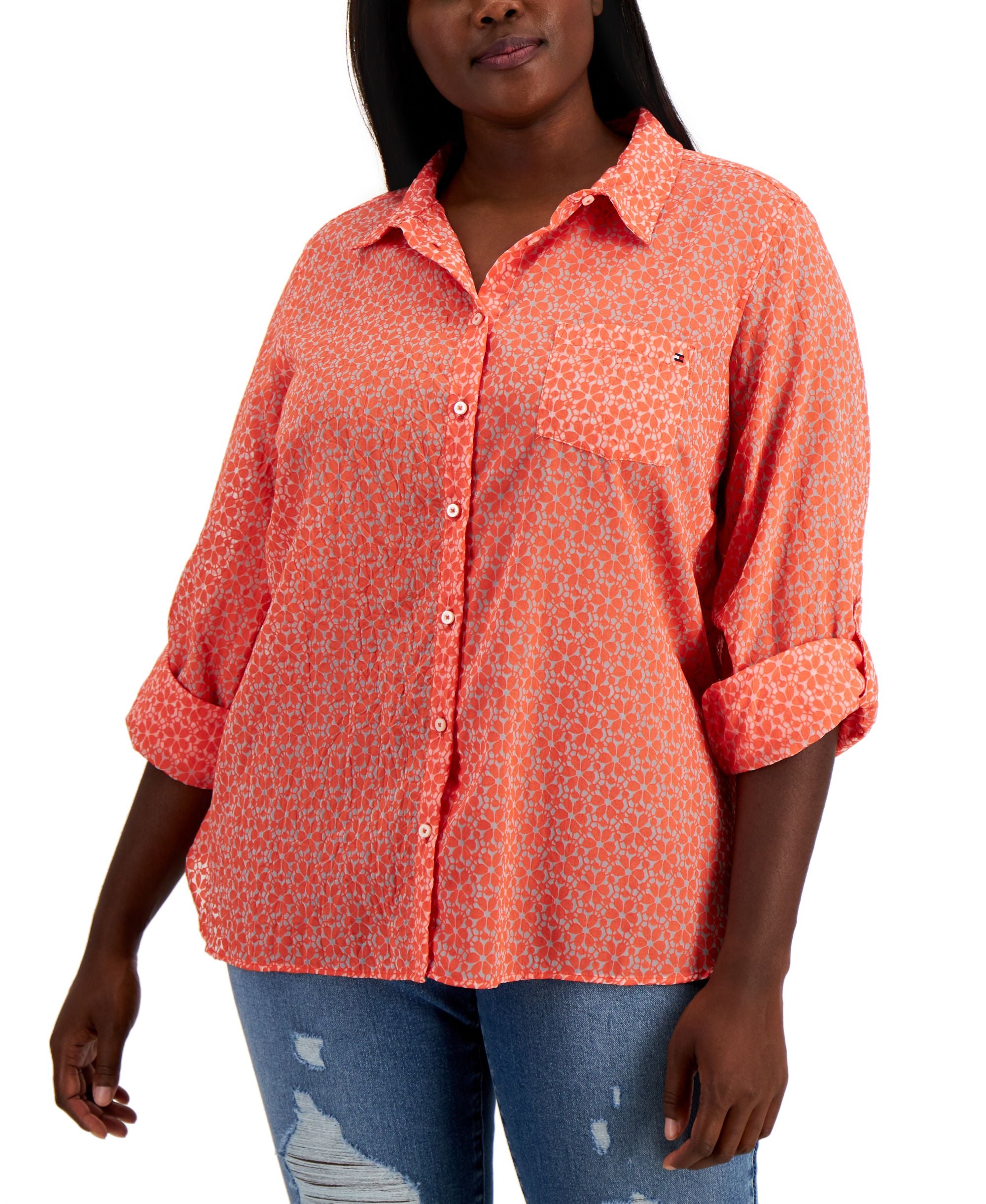 Tommy Hilfiger Plus Size Burnout Button-Down Signature Blouse
