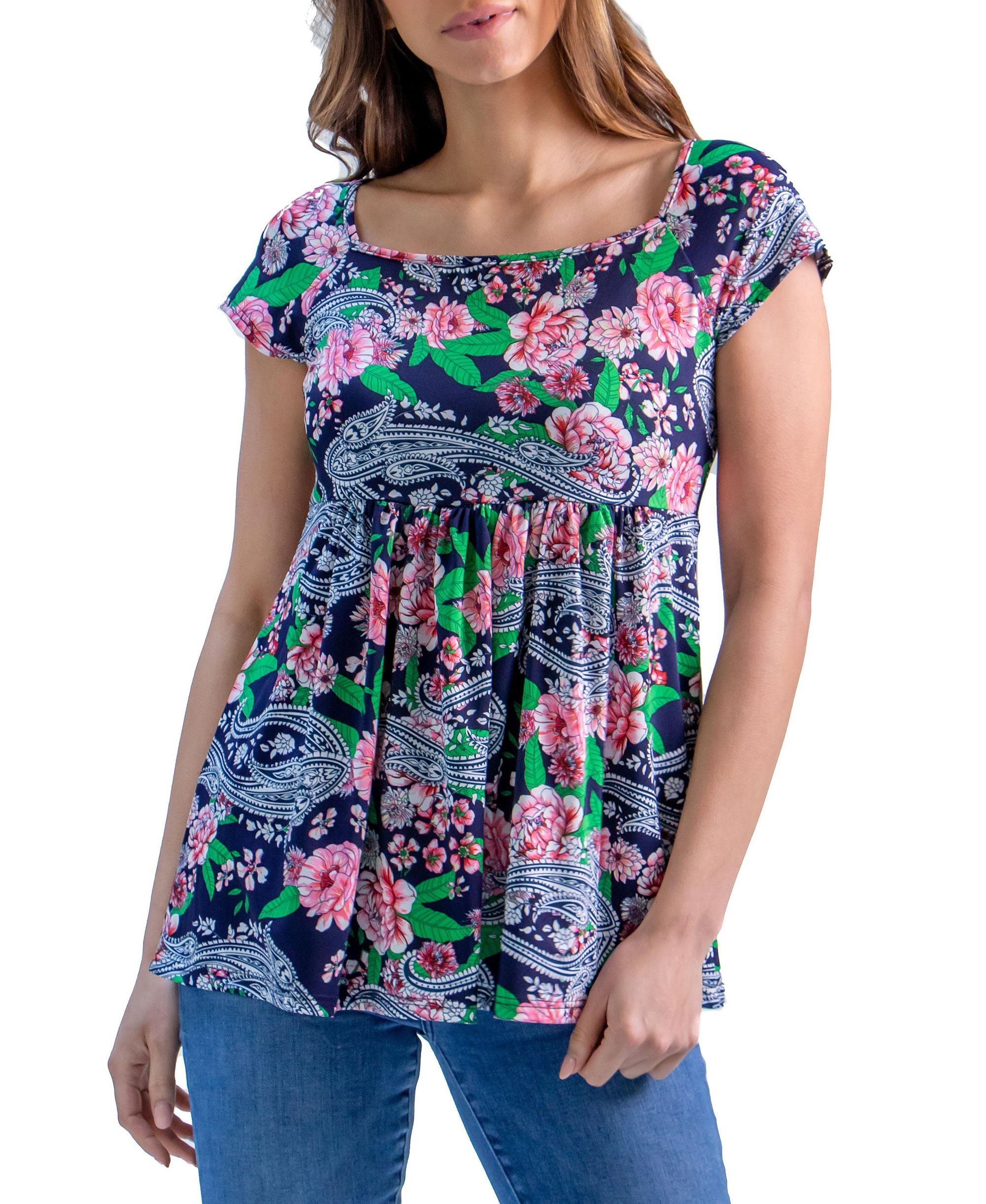 Womens Floral Print Cap Sleeve Babydoll Premium Top