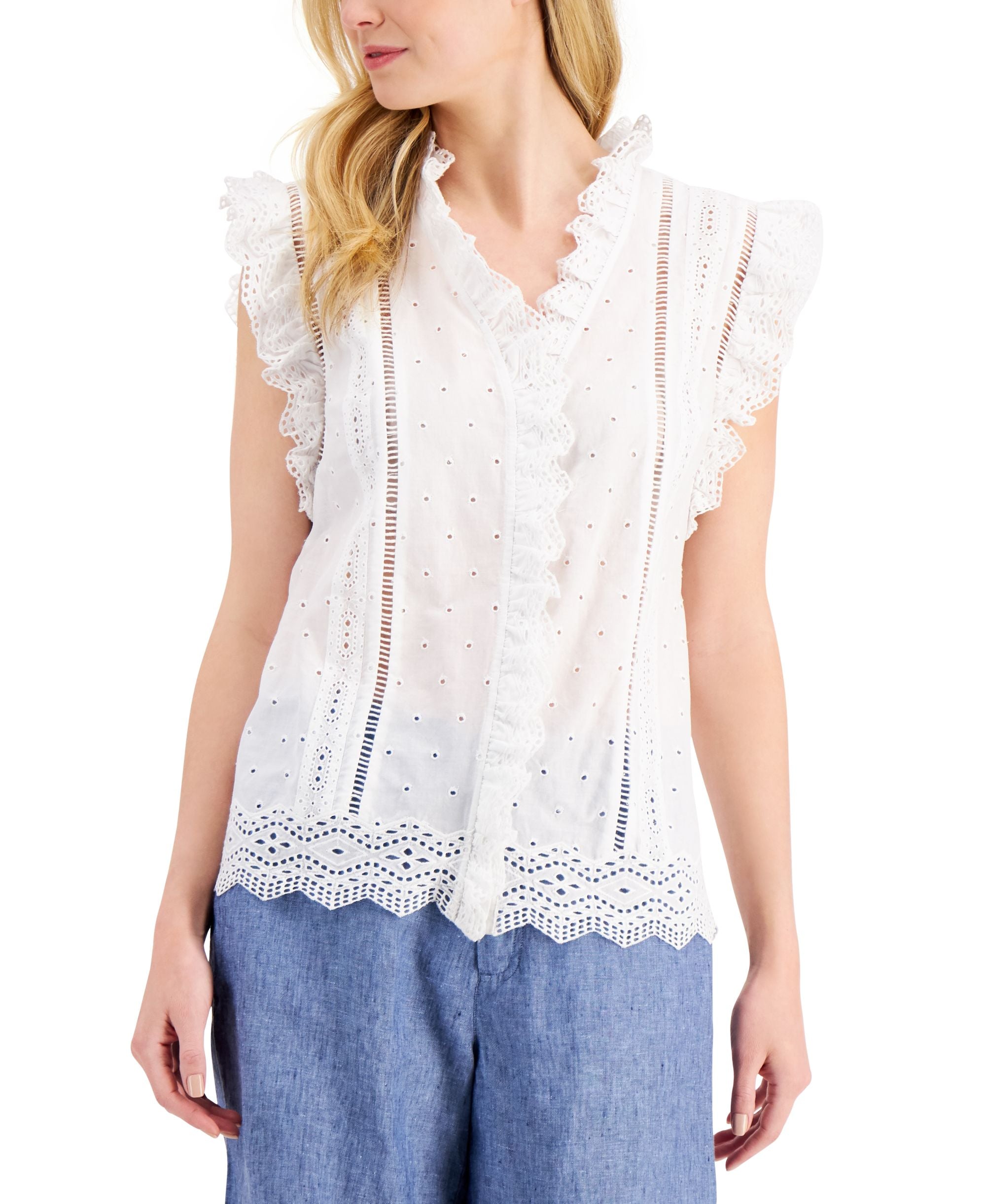 Charter Club Cotton Ruffled Eyelet Premium Top